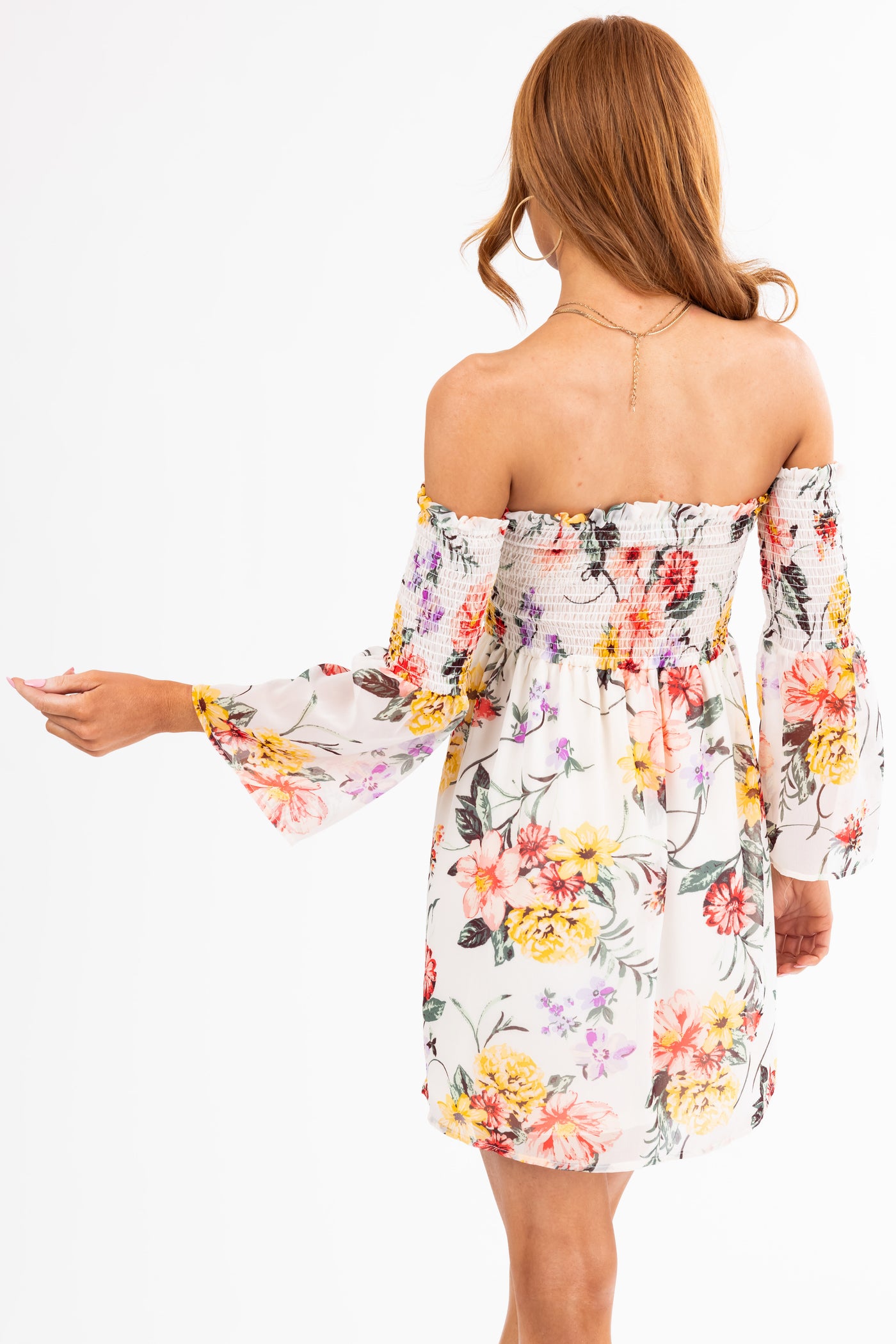 Cream Floral Print Off the Shoulder Mini Dress