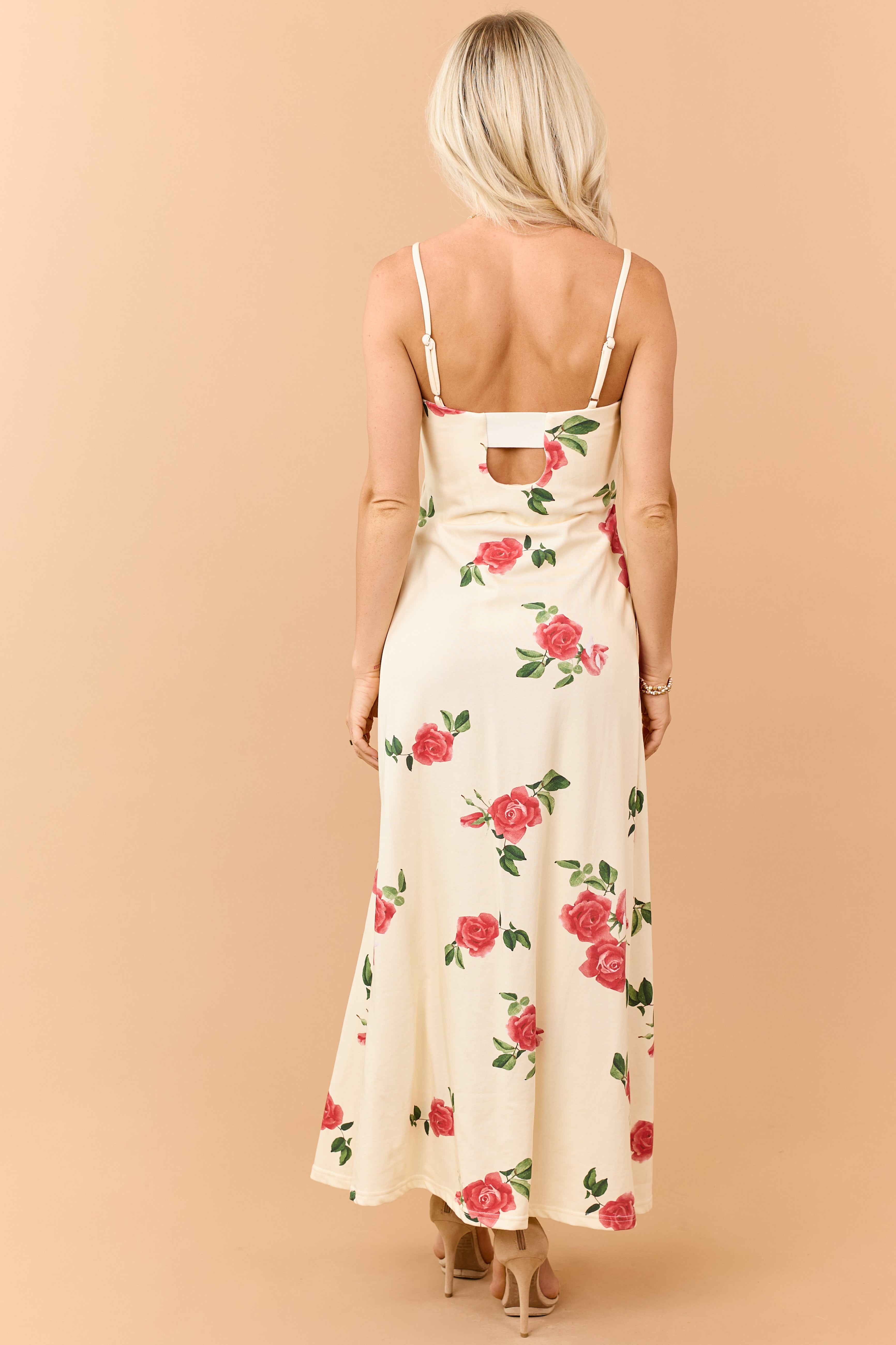 Cream Floral Print Pleated Knit Maxi Dress