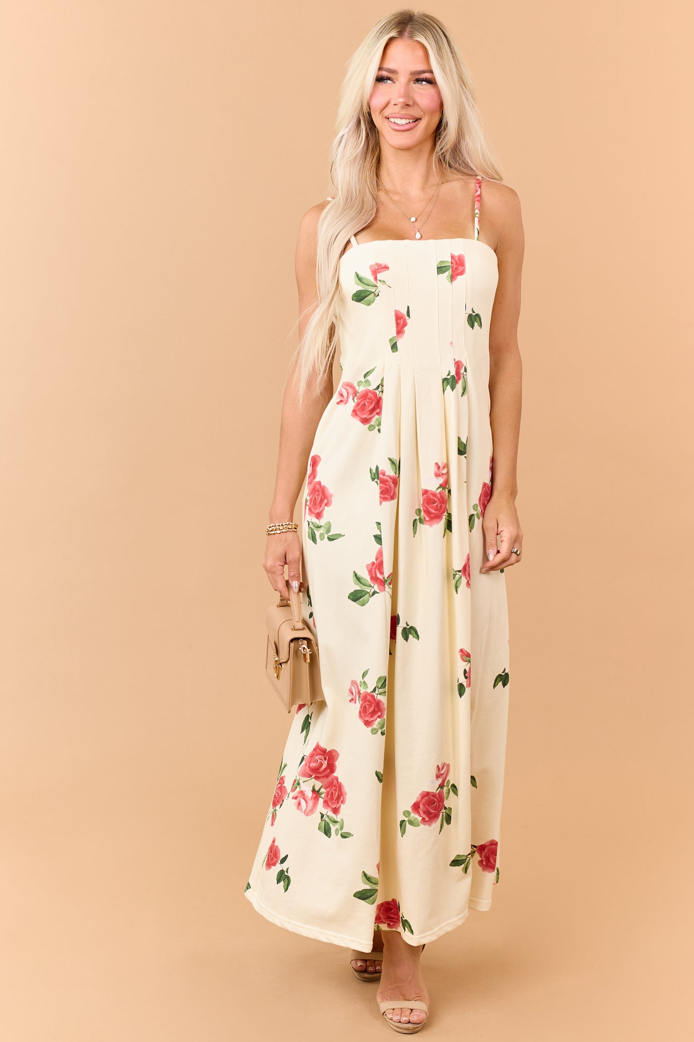 Cream Floral Print Pleated Knit Maxi Dress