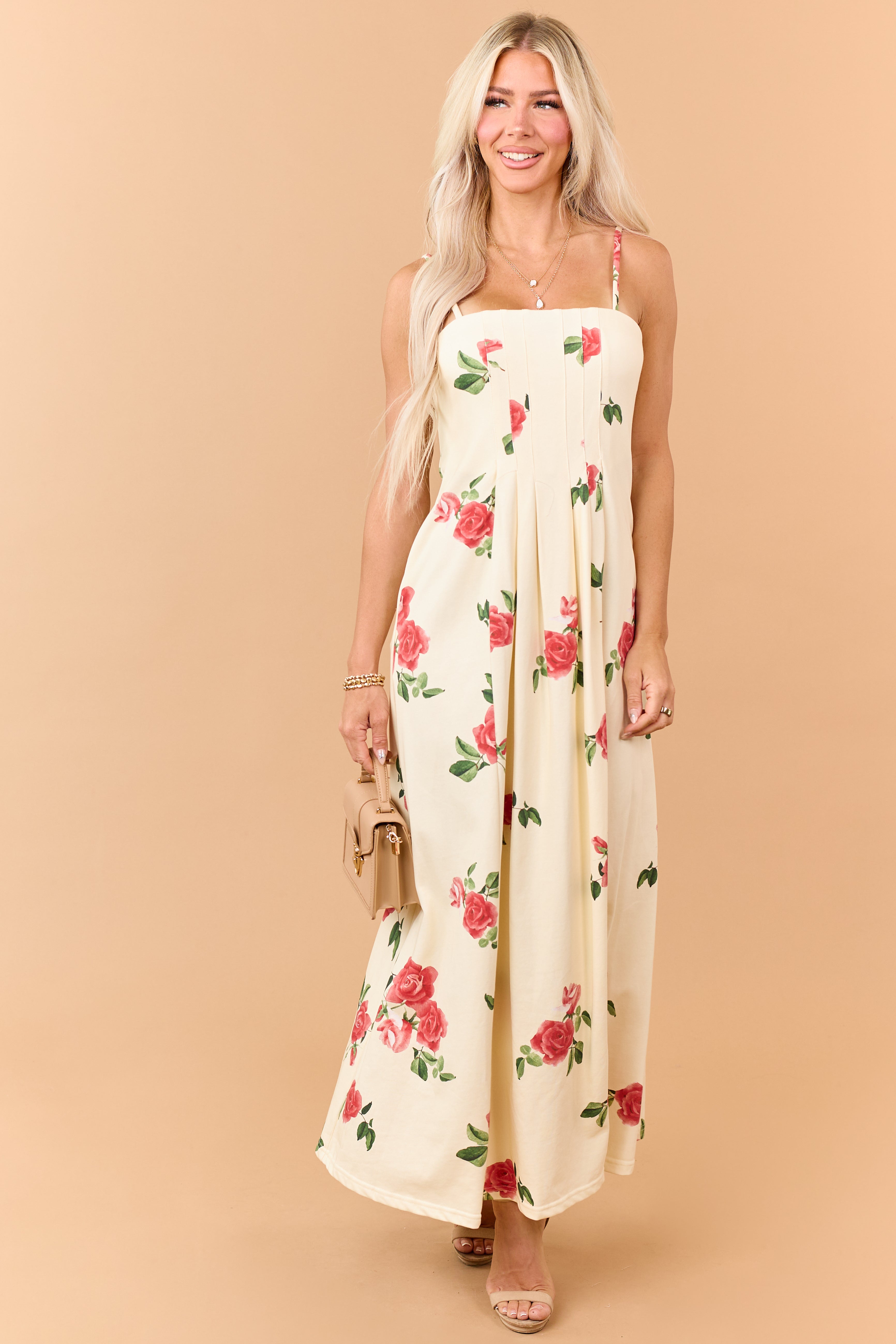 Cream Floral Print Pleated Knit Maxi Dress