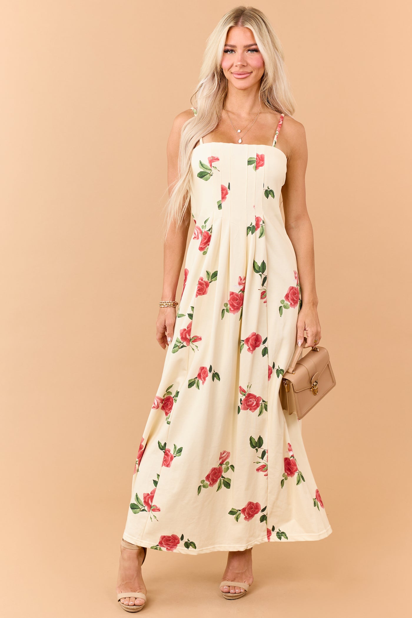 Cream Floral Print Pleated Knit Maxi Dress
