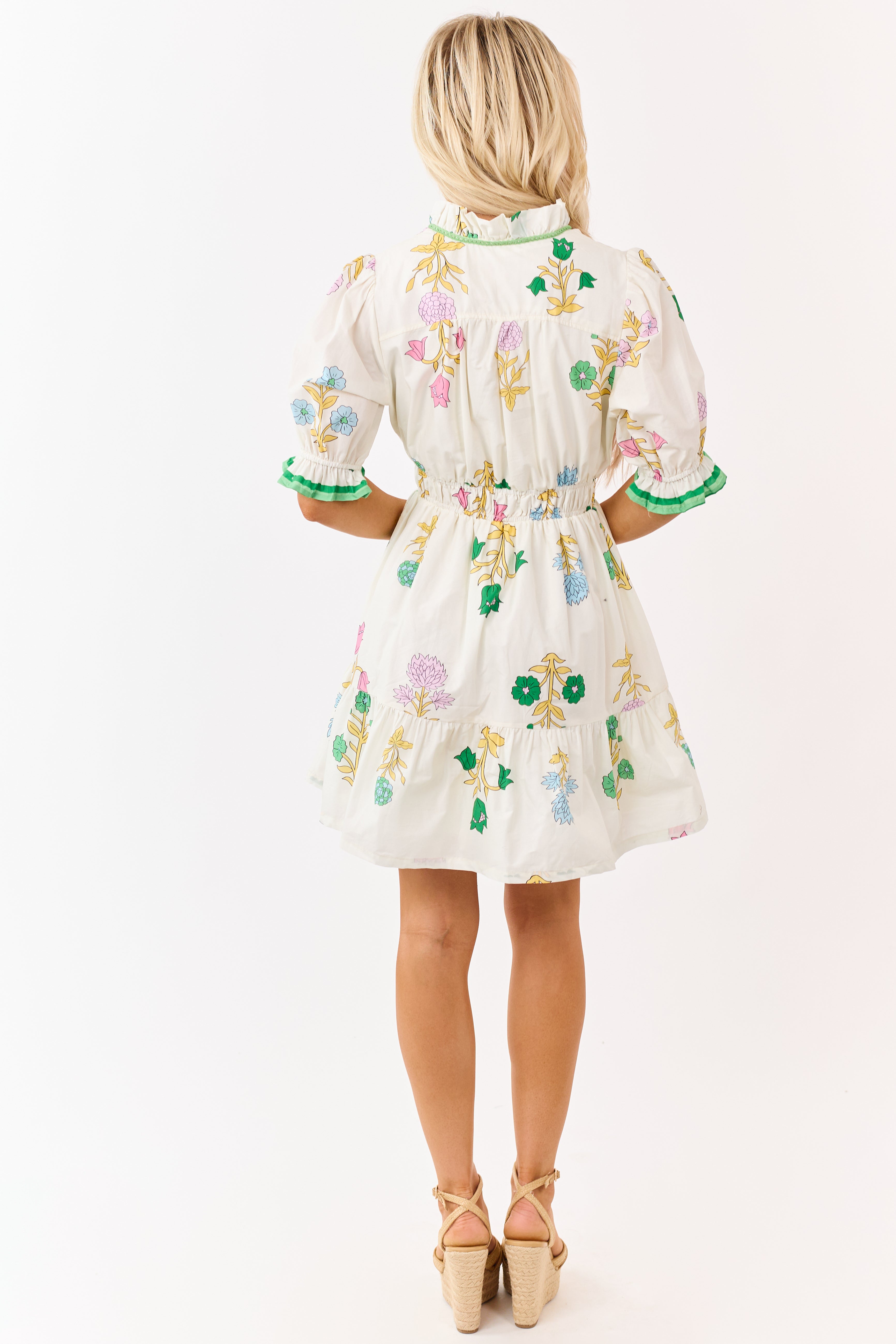 Cream Floral Print Puff Sleeve Cotton Mini Dress