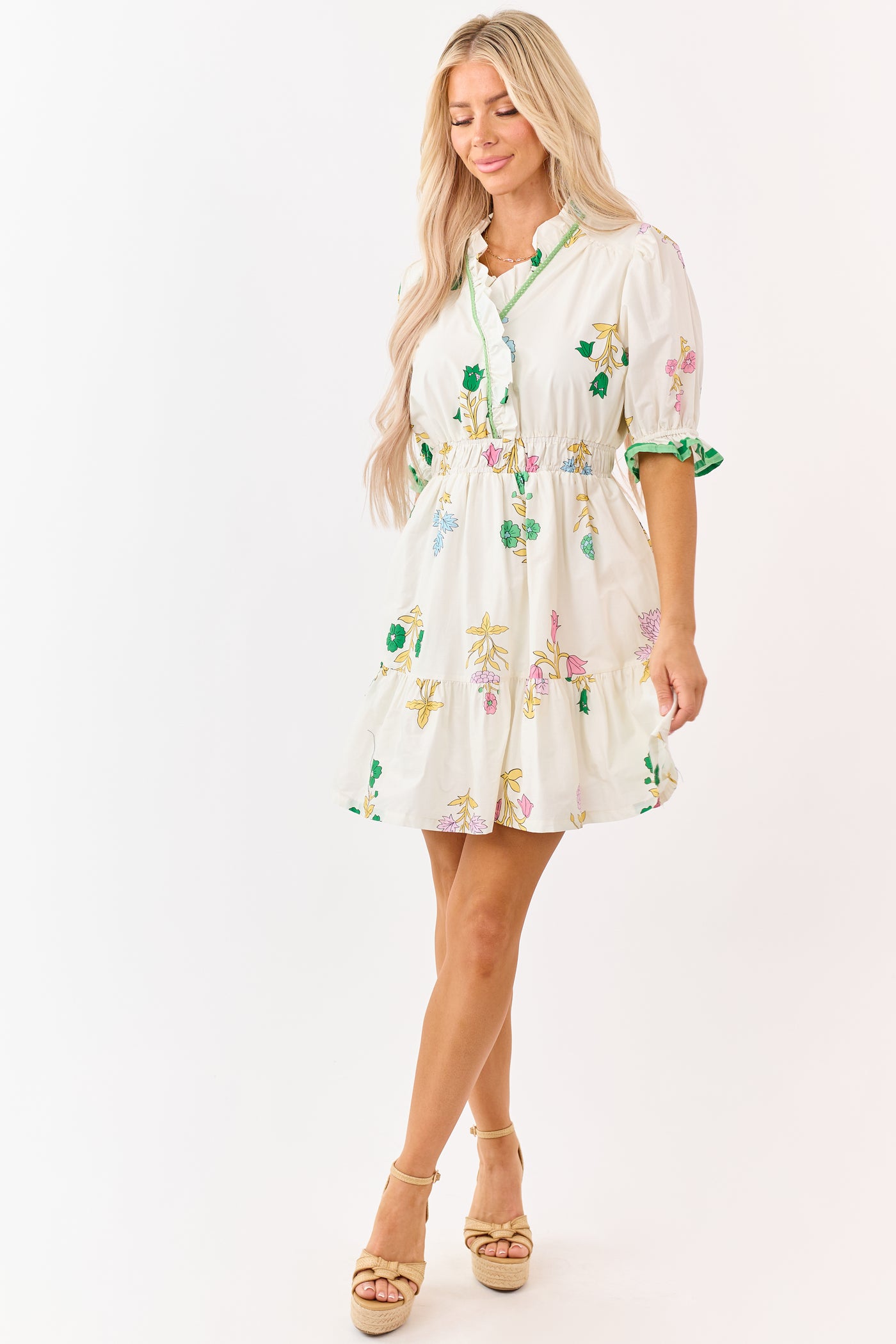 Cream Floral Print Puff Sleeve Cotton Mini Dress