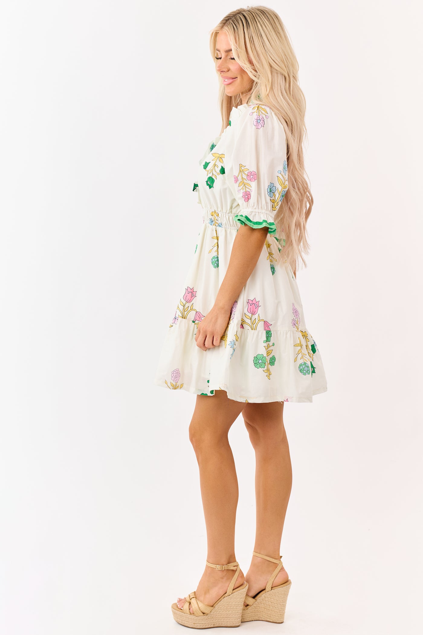 Cream Floral Print Puff Sleeve Cotton Mini Dress