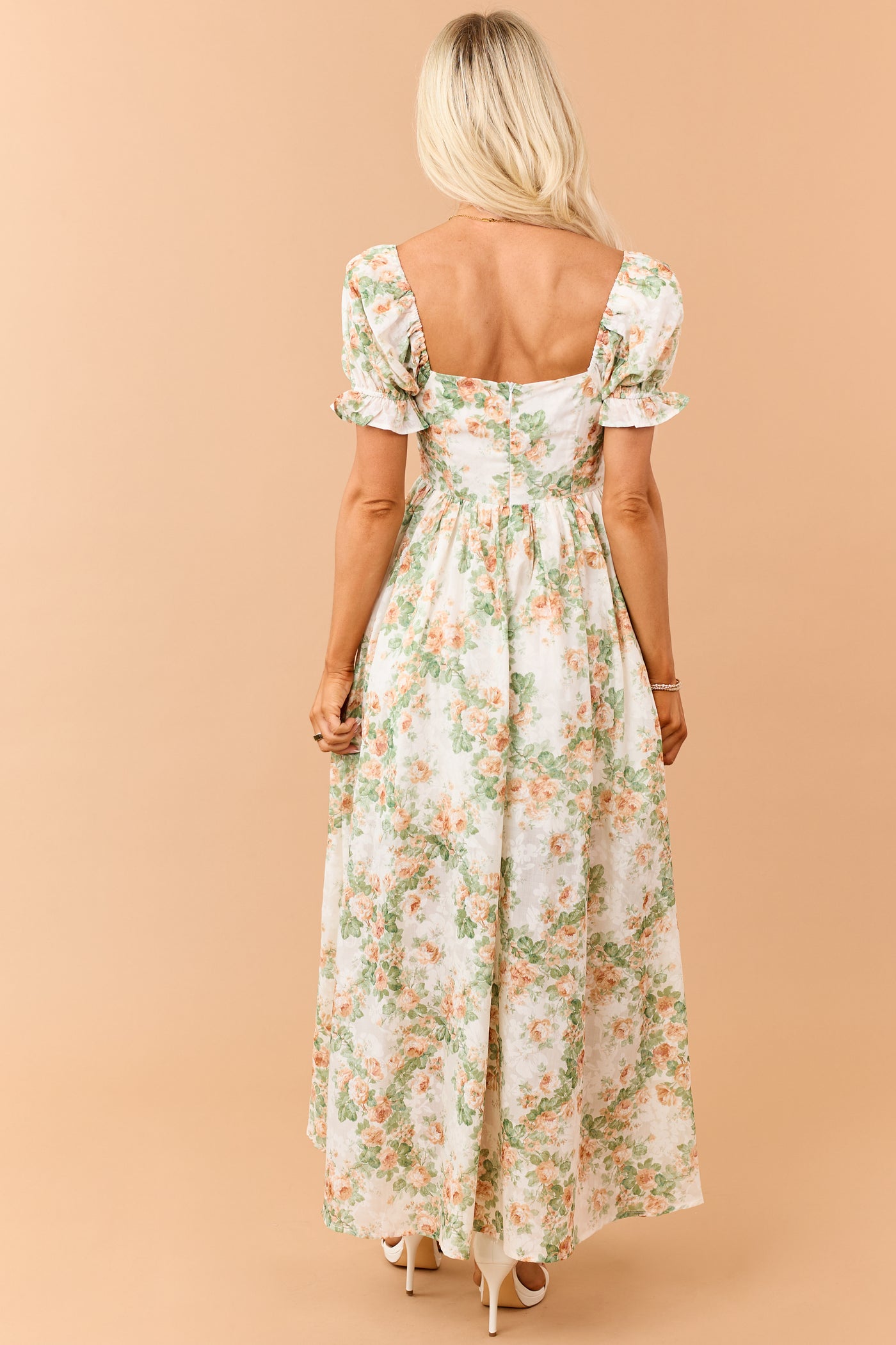 Cream Floral Print Puff Sleeve Sweetheart Maxi Dress