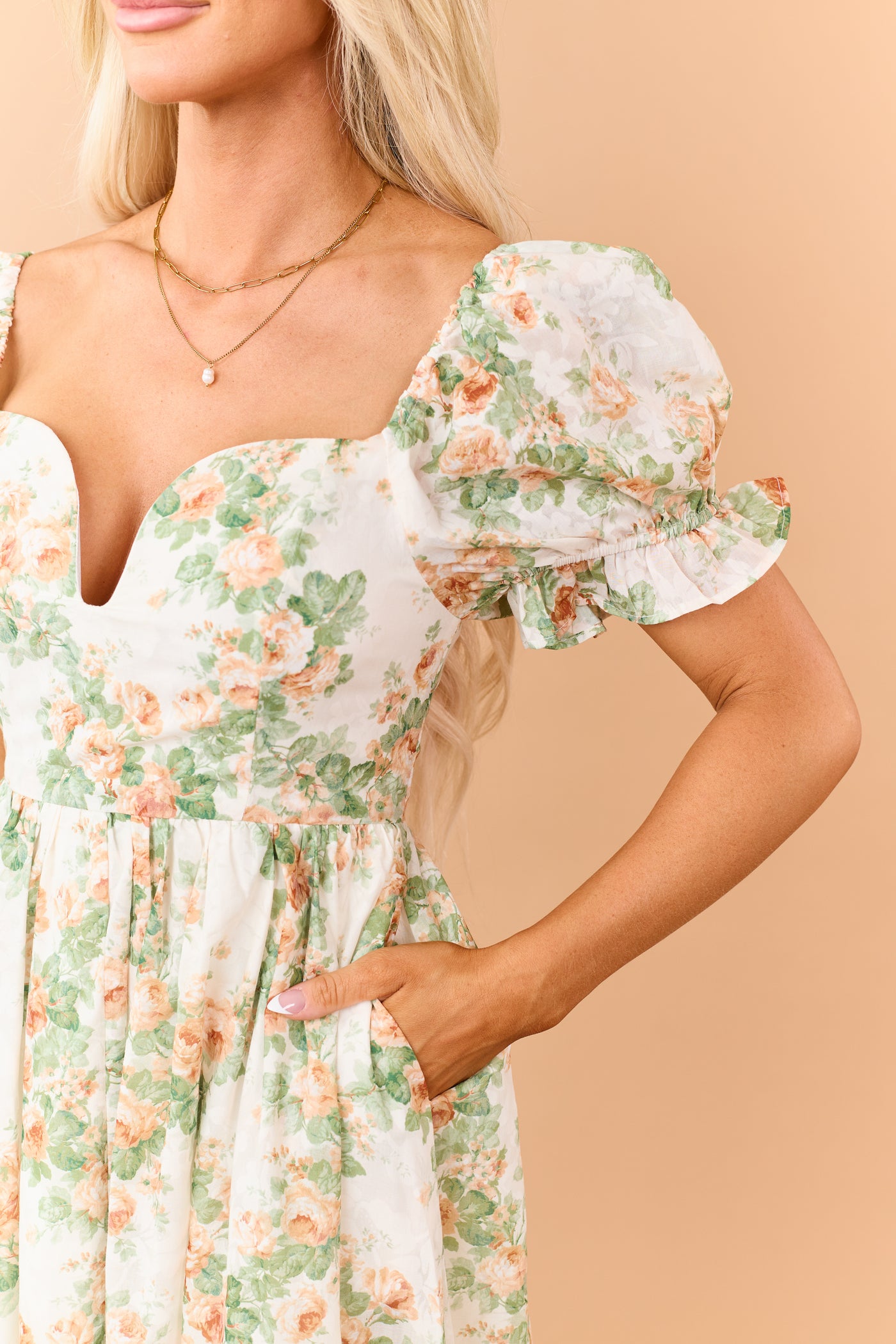 Cream Floral Print Puff Sleeve Sweetheart Maxi Dress