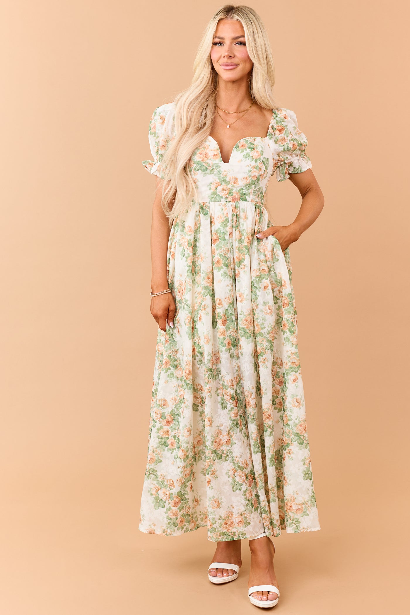 Cream Floral Print Puff Sleeve Sweetheart Maxi Dress