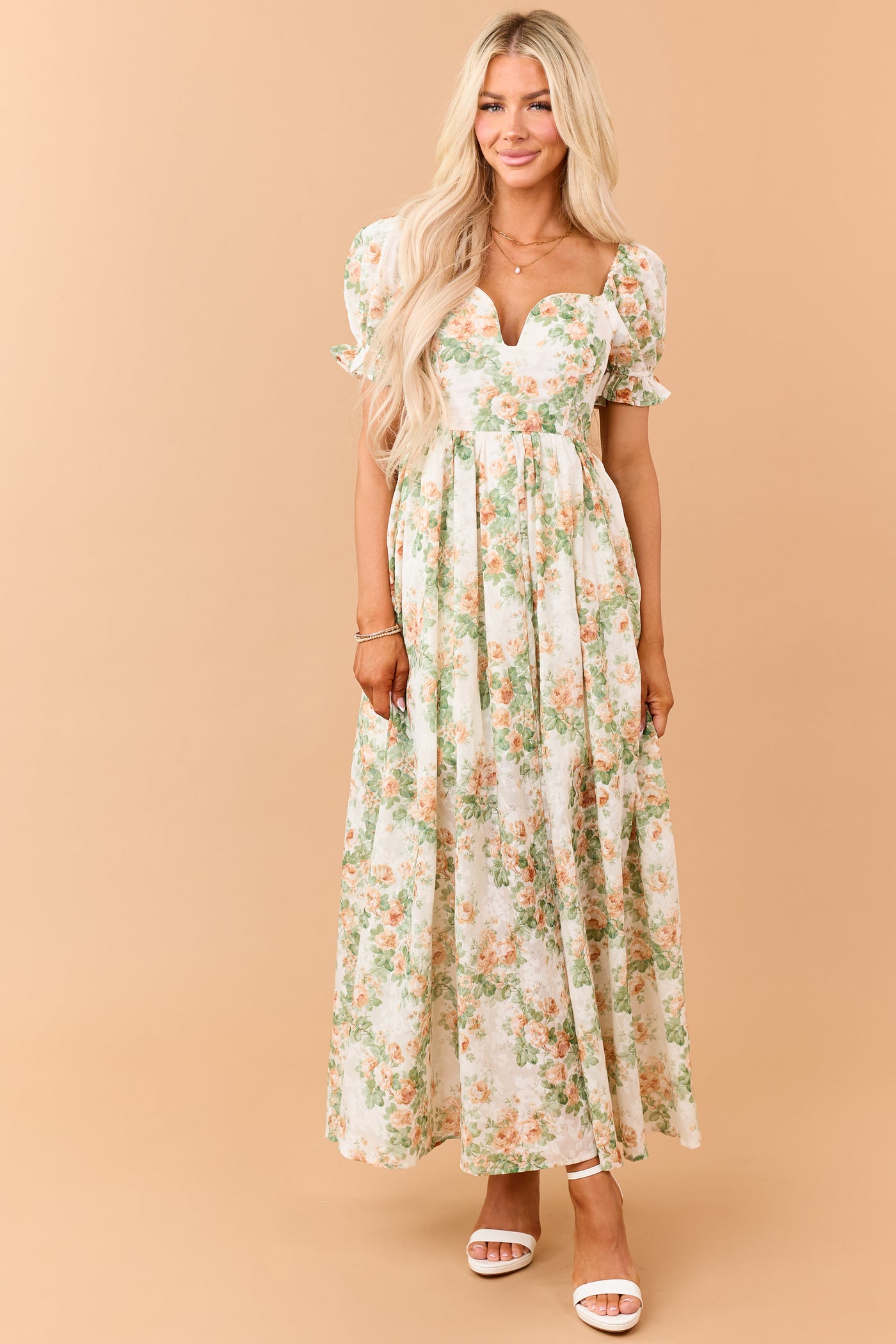 Cream Floral Print Puff Sleeve Sweetheart Maxi Dress