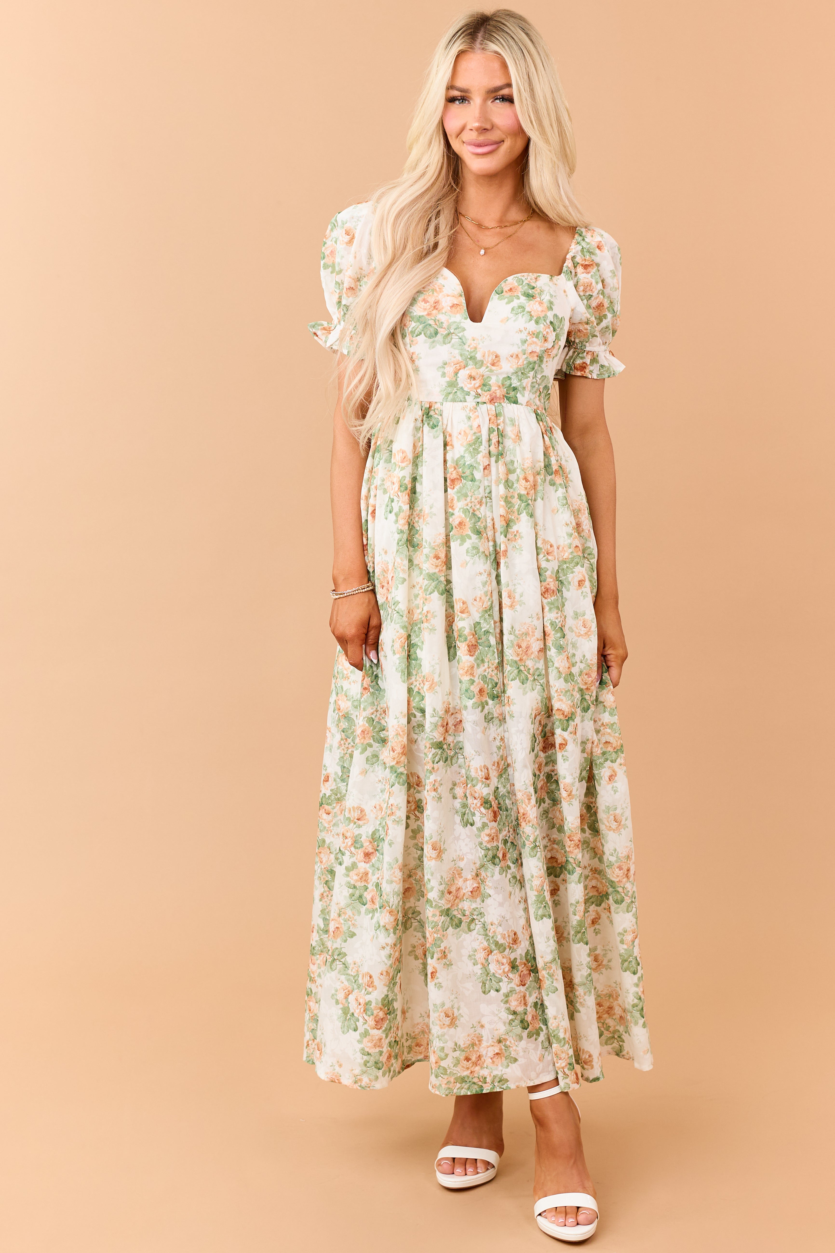 Cream Floral Print Puff Sleeve Sweetheart Maxi Dress
