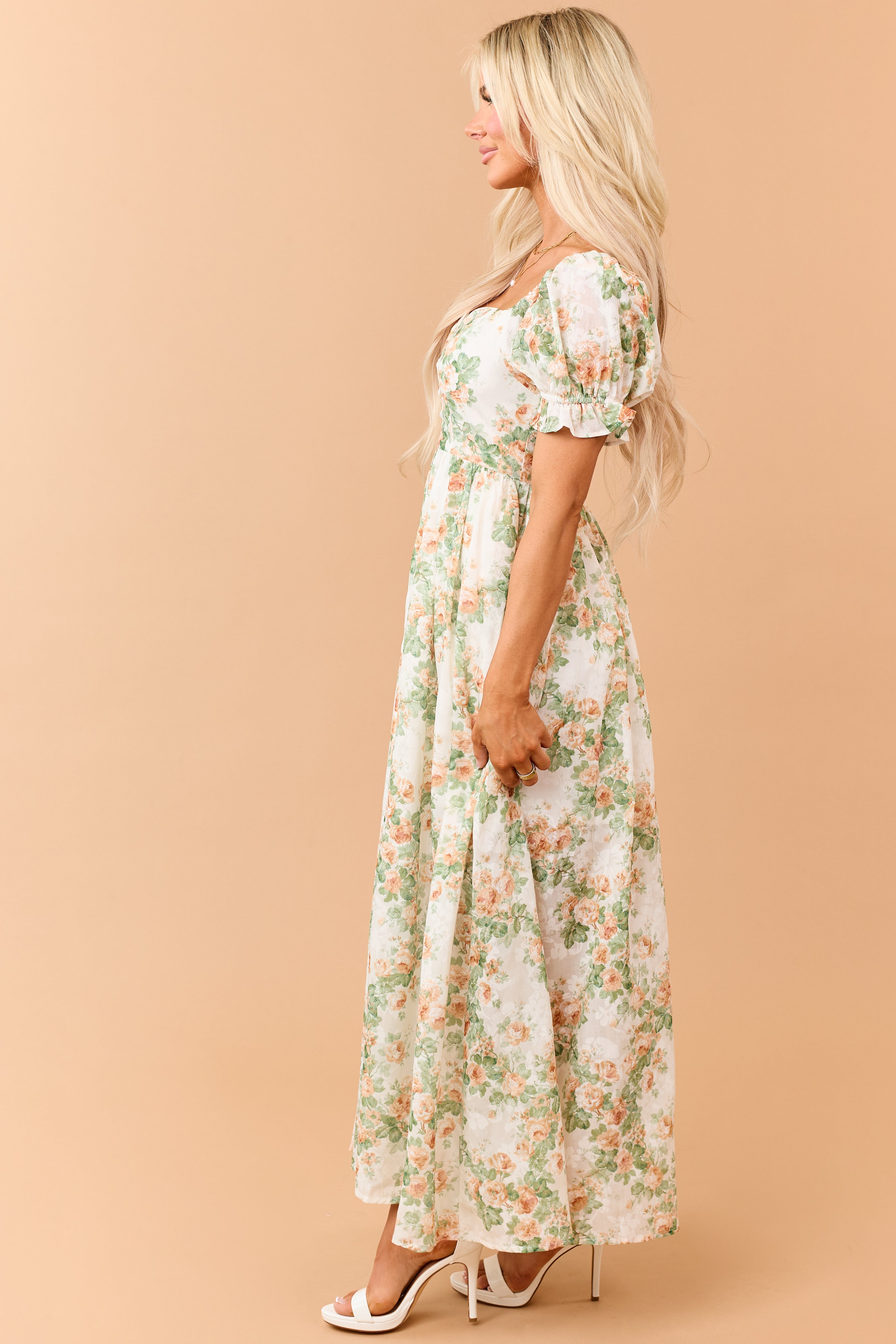 Cream Floral Print Puff Sleeve Sweetheart Maxi Dress