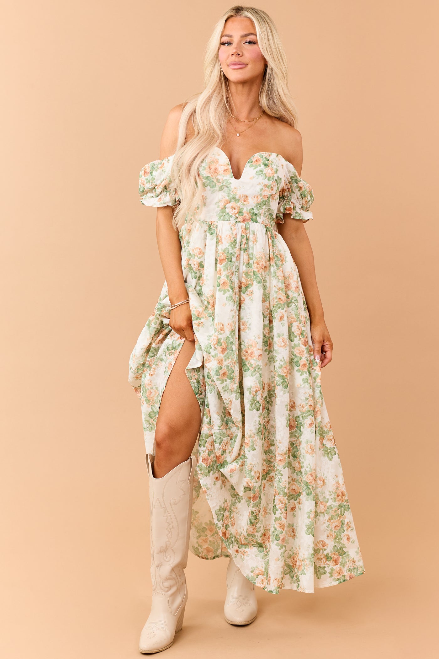 Cream Floral Print Puff Sleeve Sweetheart Maxi Dress