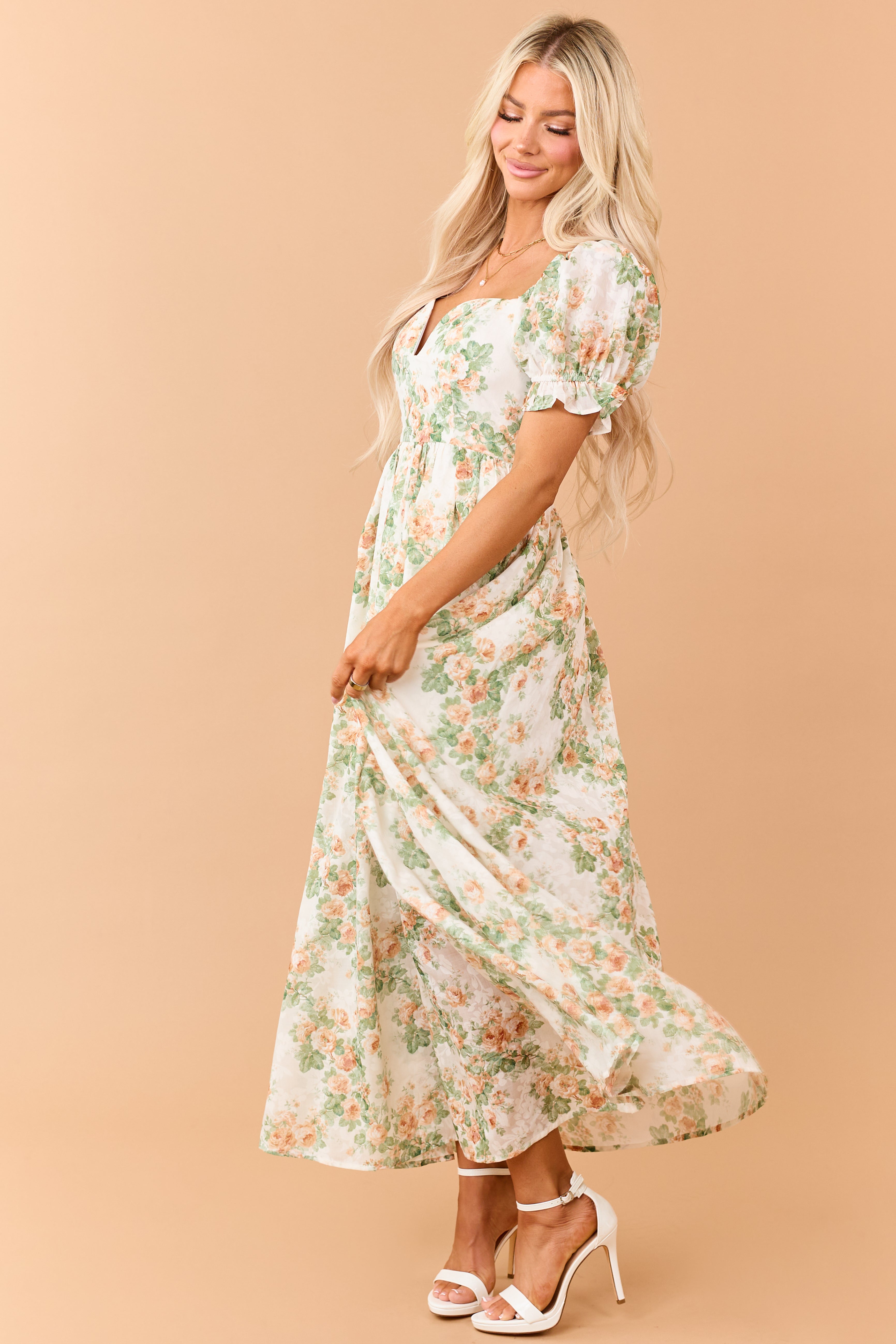 Cream Floral Print Puff Sleeve Sweetheart Maxi Dress