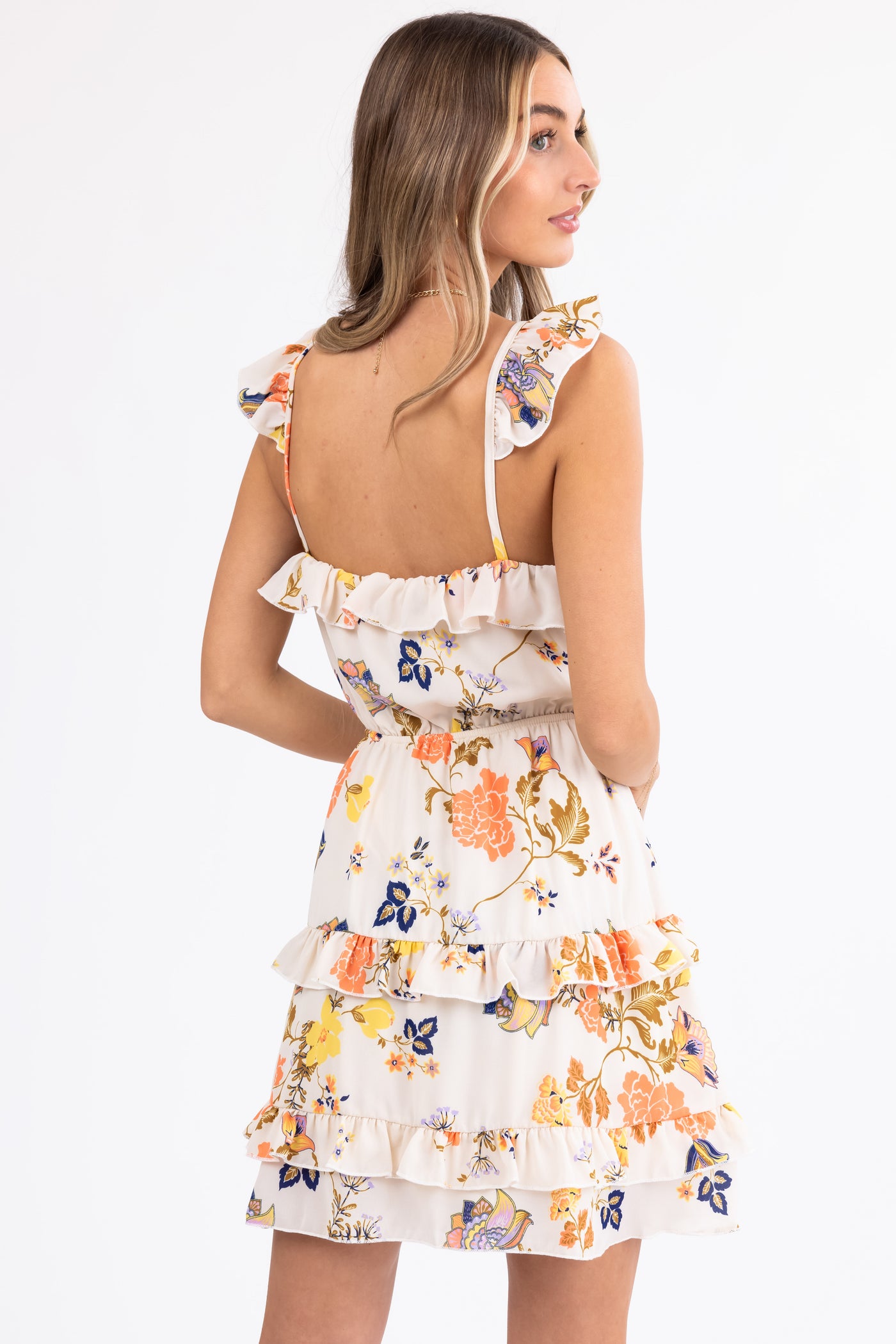 Cream Floral Print Ruffle Tiered Short Dress