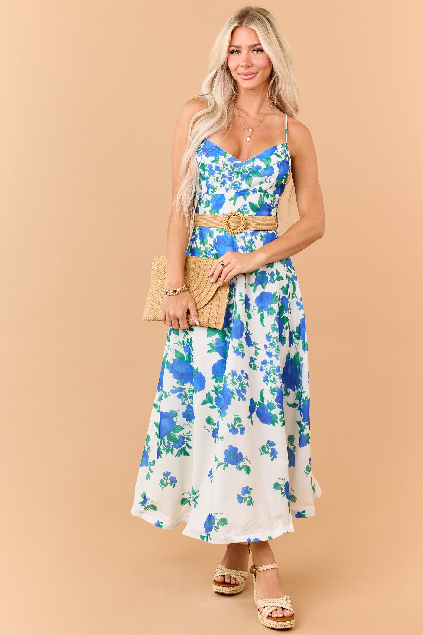 Cream Floral Print Sleeveless Belt Maxi Dress