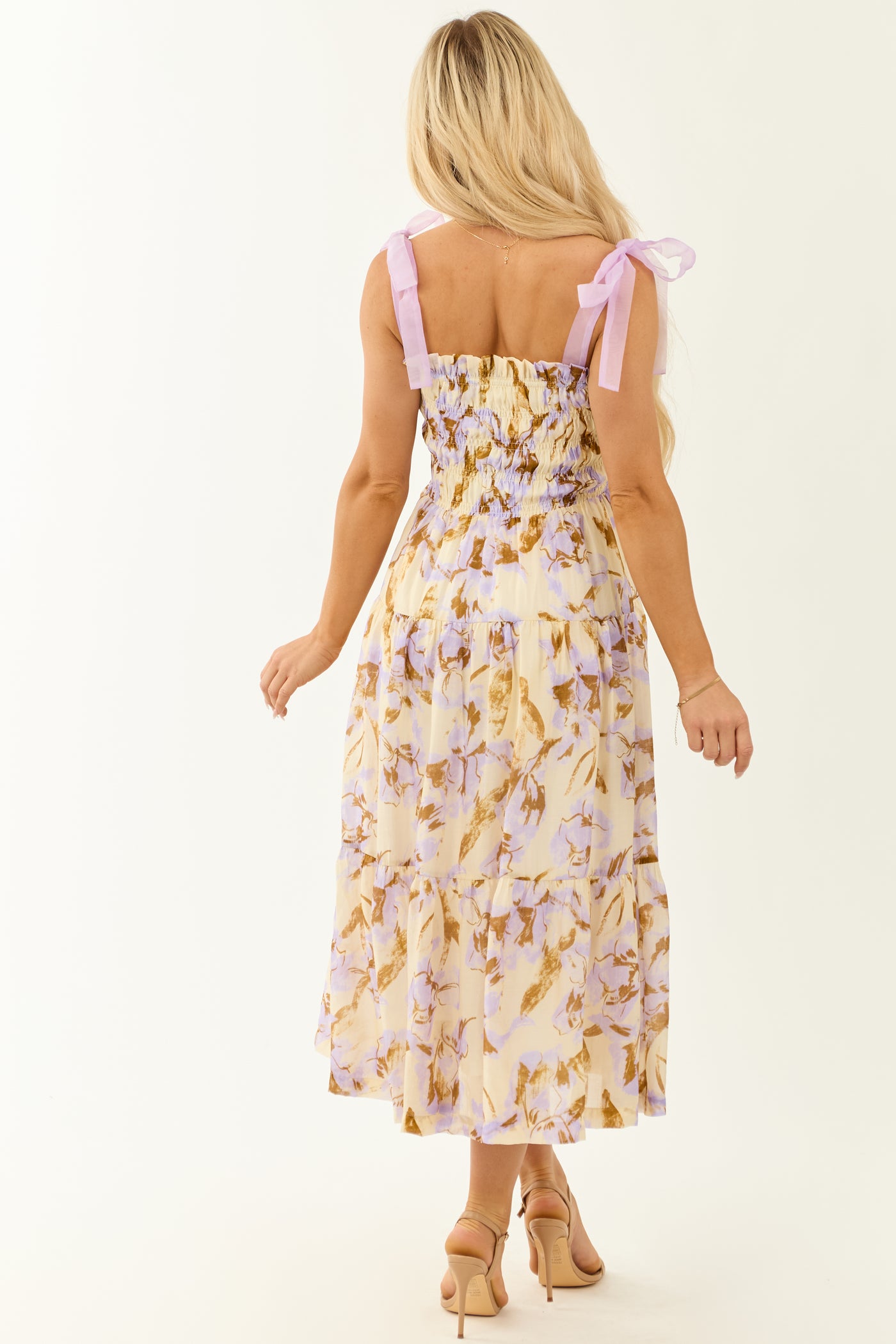 Cream Floral Print Smocked Sleeveless Midi Dress