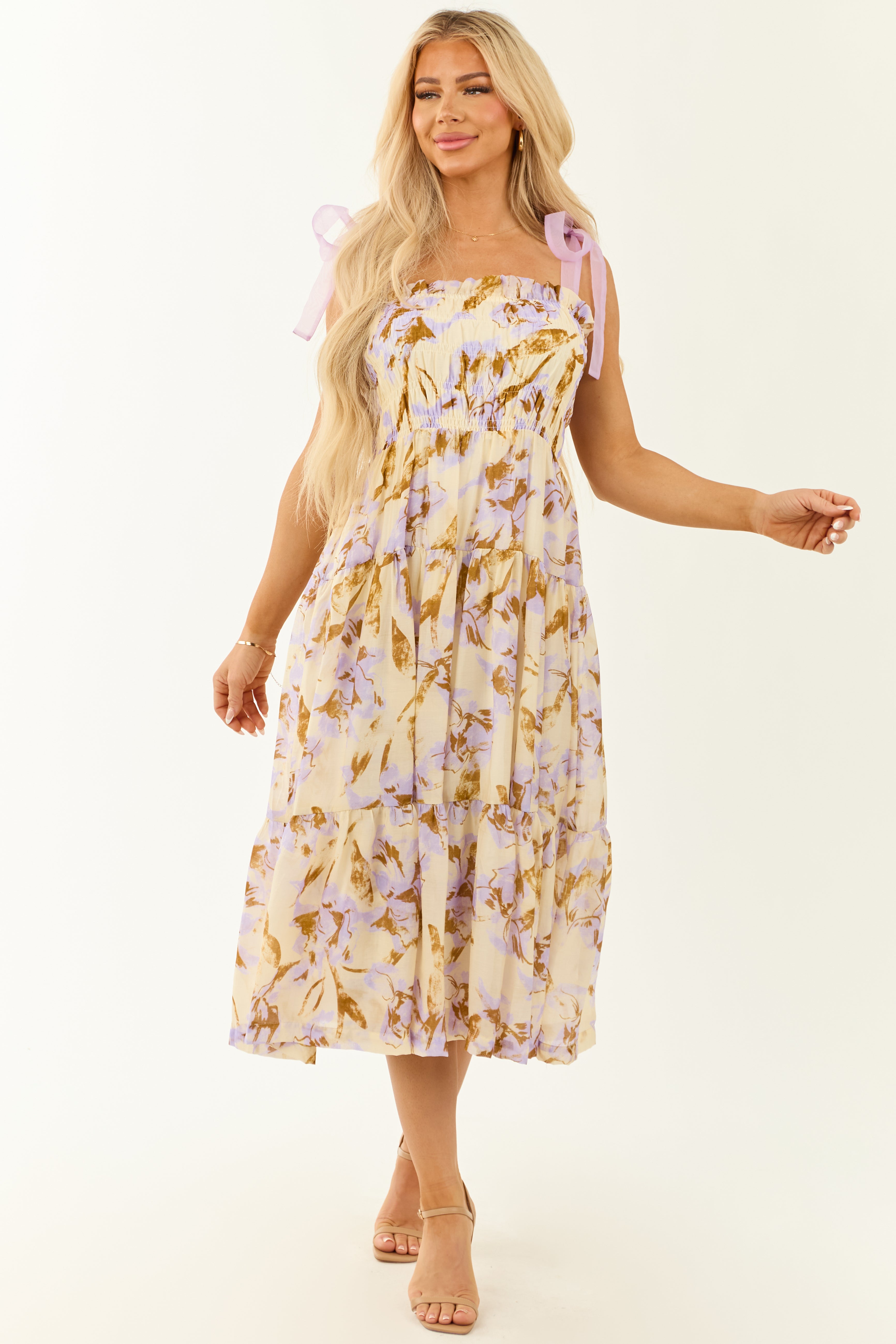 Cream Floral Print Smocked Sleeveless Midi Dress