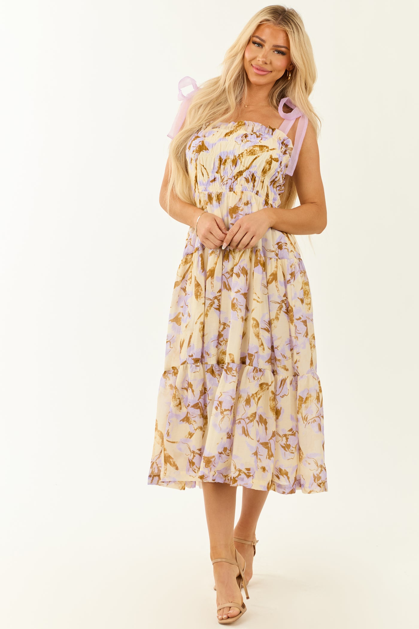 Cream Floral Print Smocked Sleeveless Midi Dress