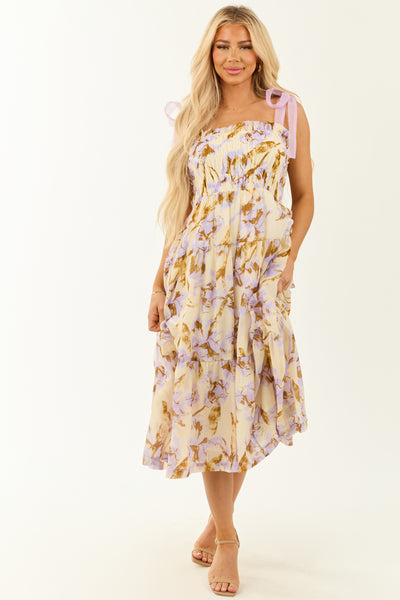 Cream Floral Print Smocked Sleeveless Midi Dress