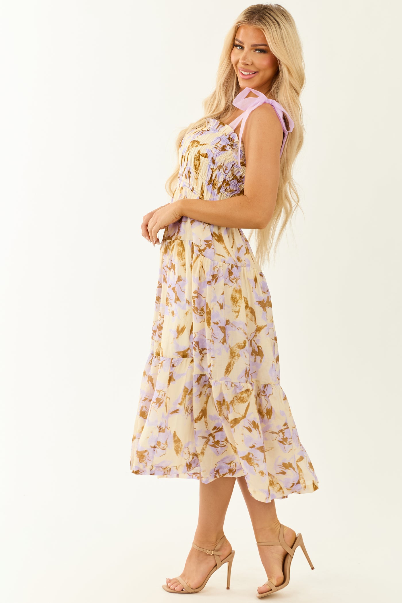 Cream Floral Print Smocked Sleeveless Midi Dress