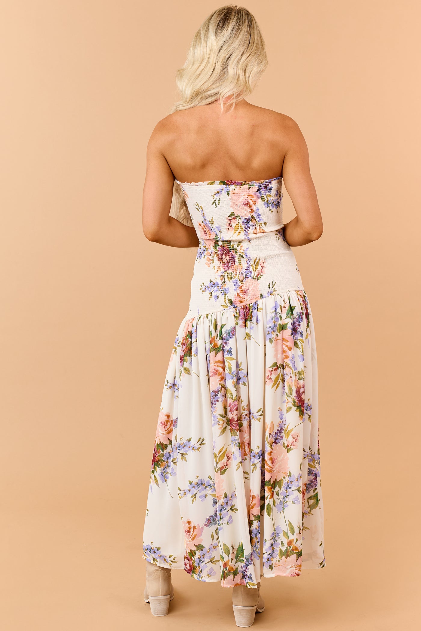 Cream Floral Print Smocked Strapless Maxi Dress