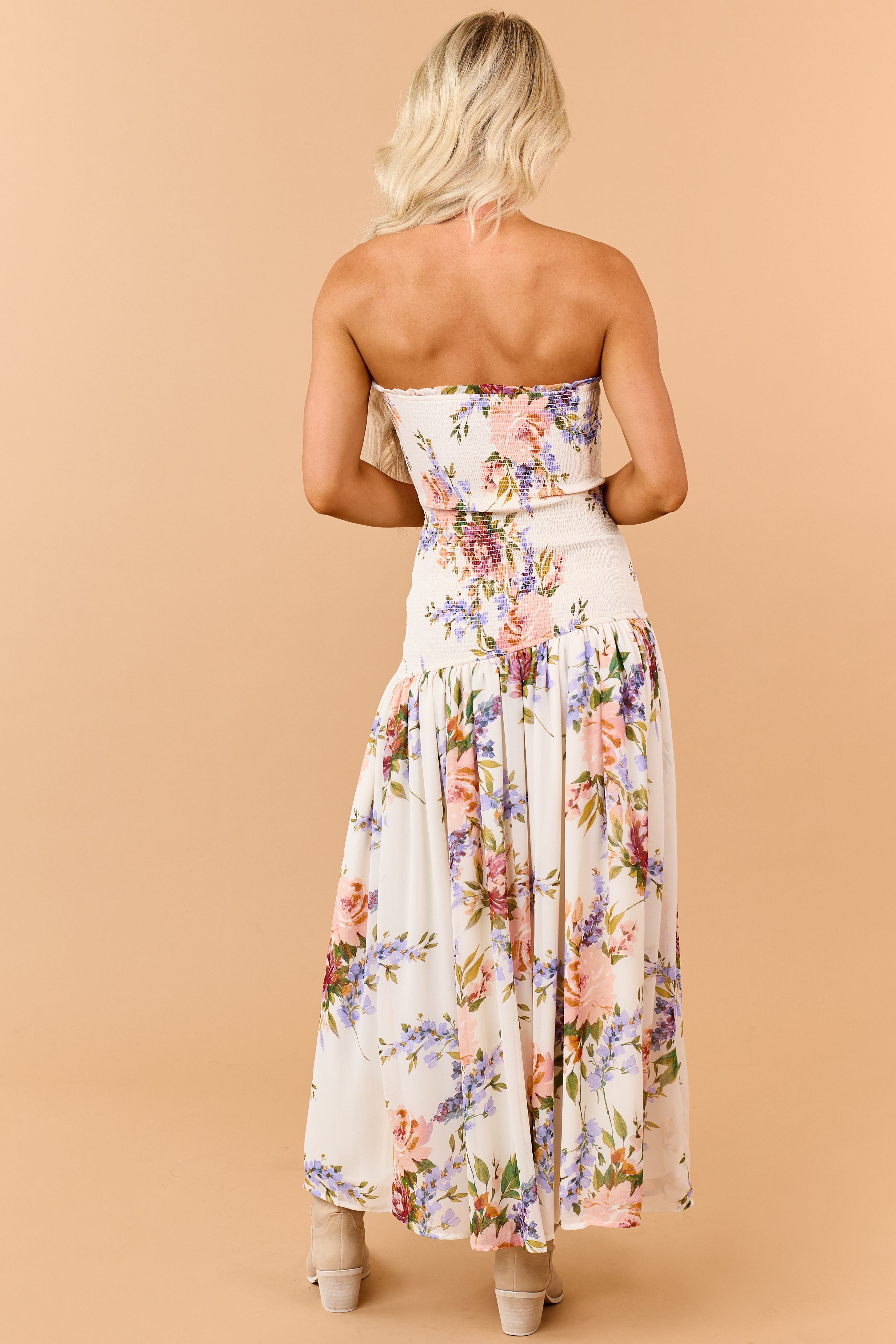 Cream Floral Print Smocked Strapless Maxi Dress