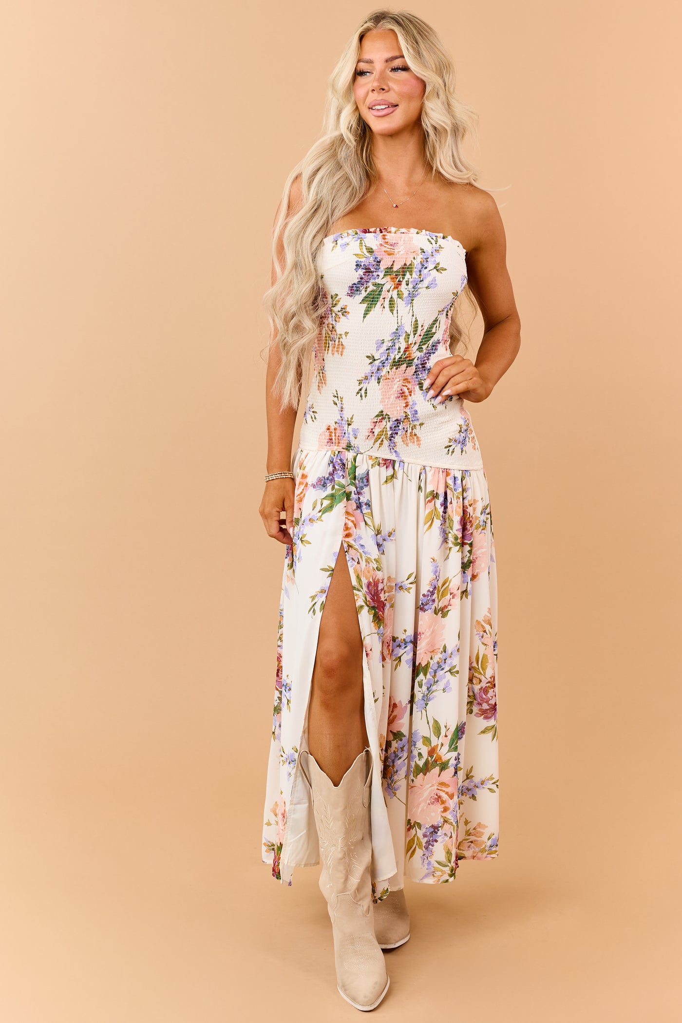 Cream Floral Print Smocked Strapless Maxi Dress