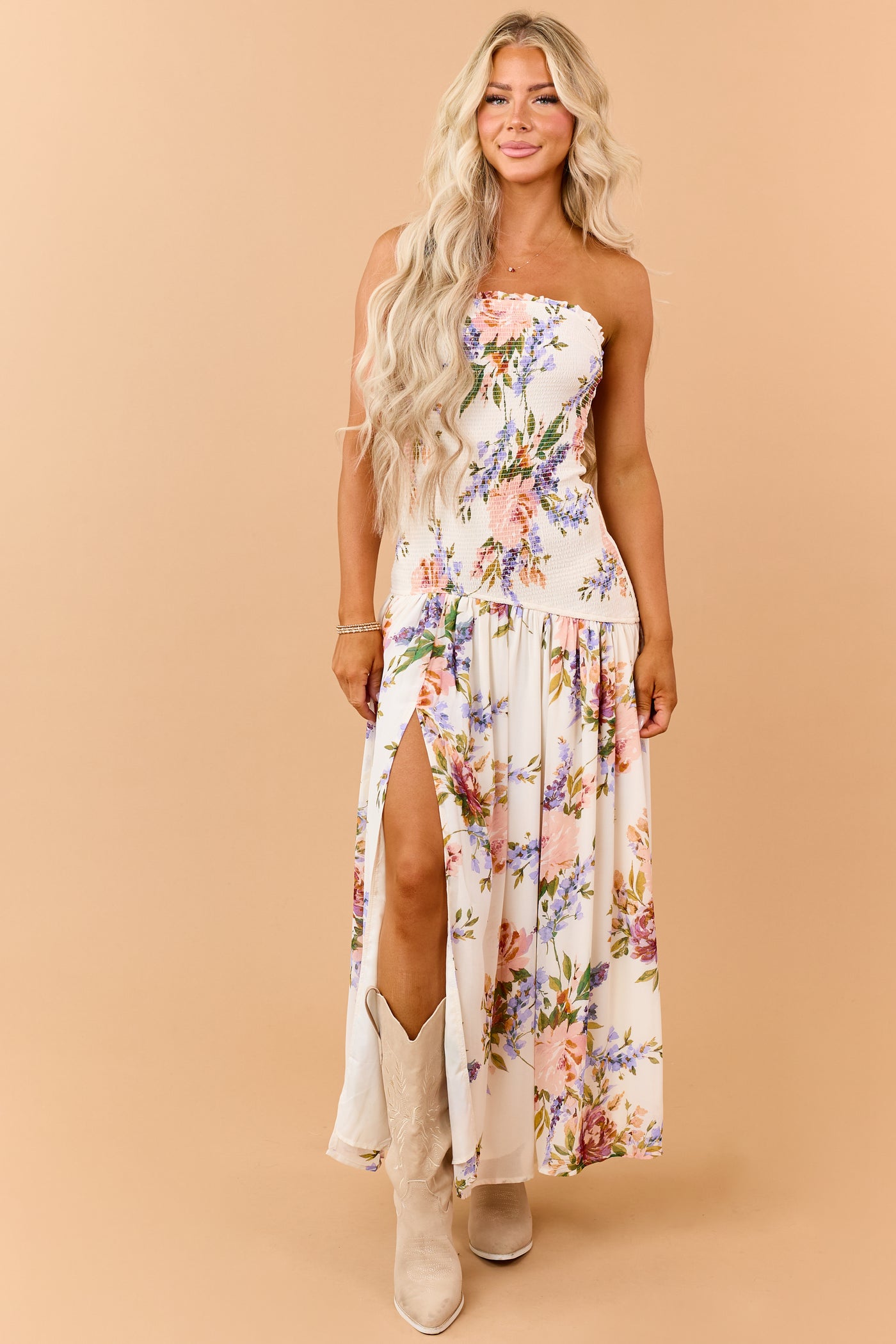 Cream Floral Print Smocked Strapless Maxi Dress