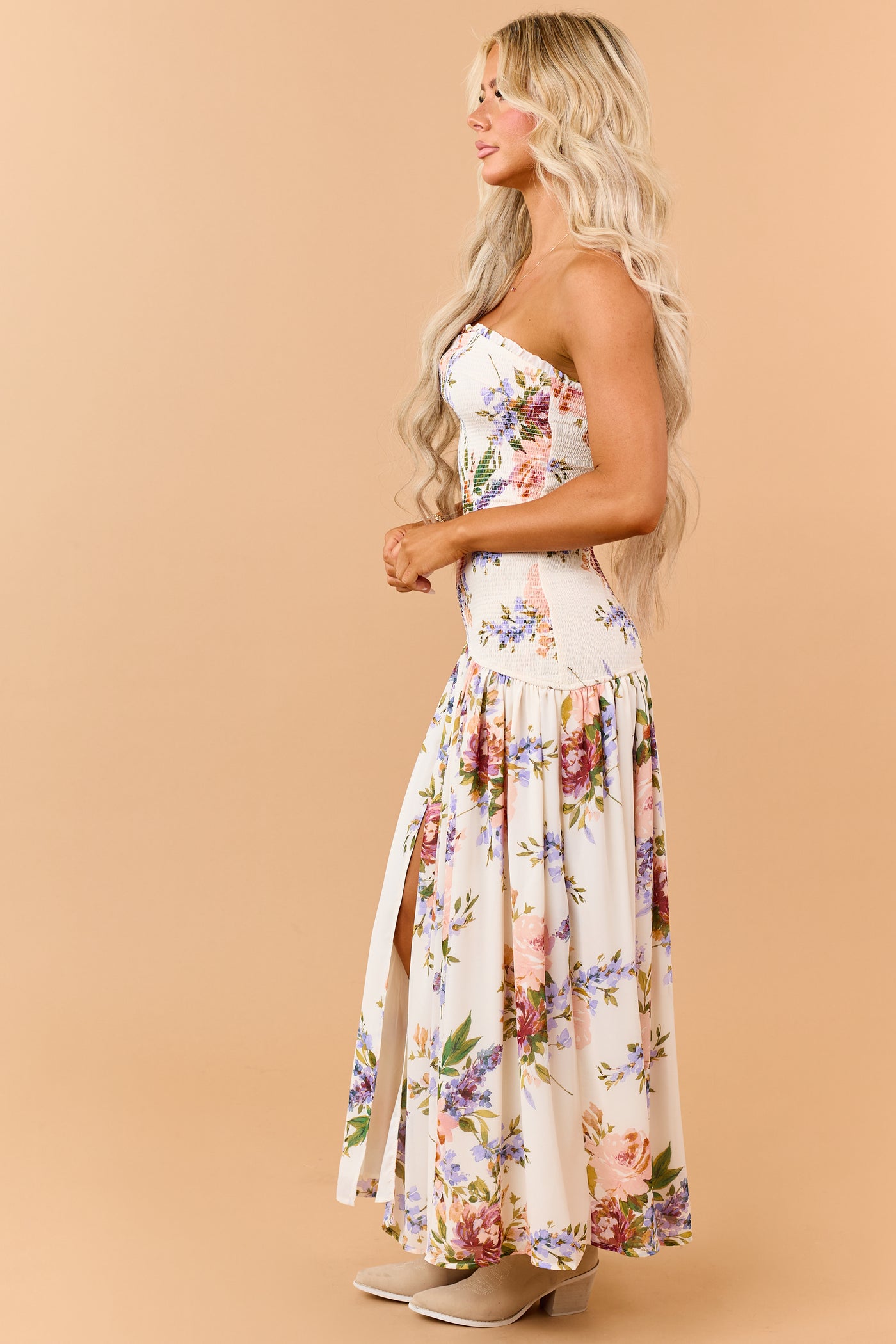 Cream Floral Print Smocked Strapless Maxi Dress