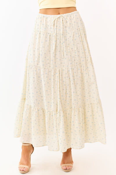 Cream Floral Print Swiss Dot Cotton Maxi Skirt