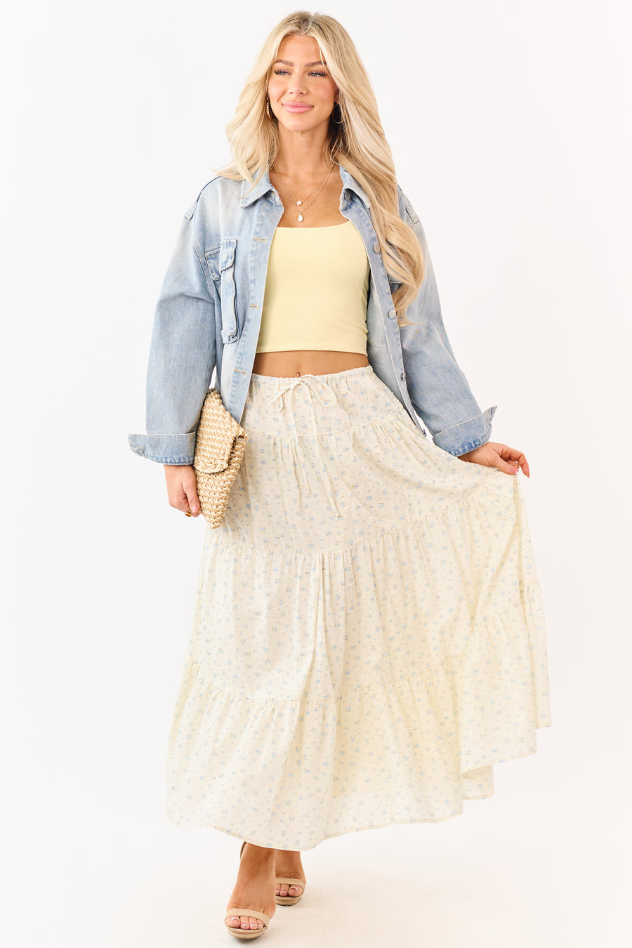 Cream Floral Print Swiss Dot Cotton Maxi Skirt