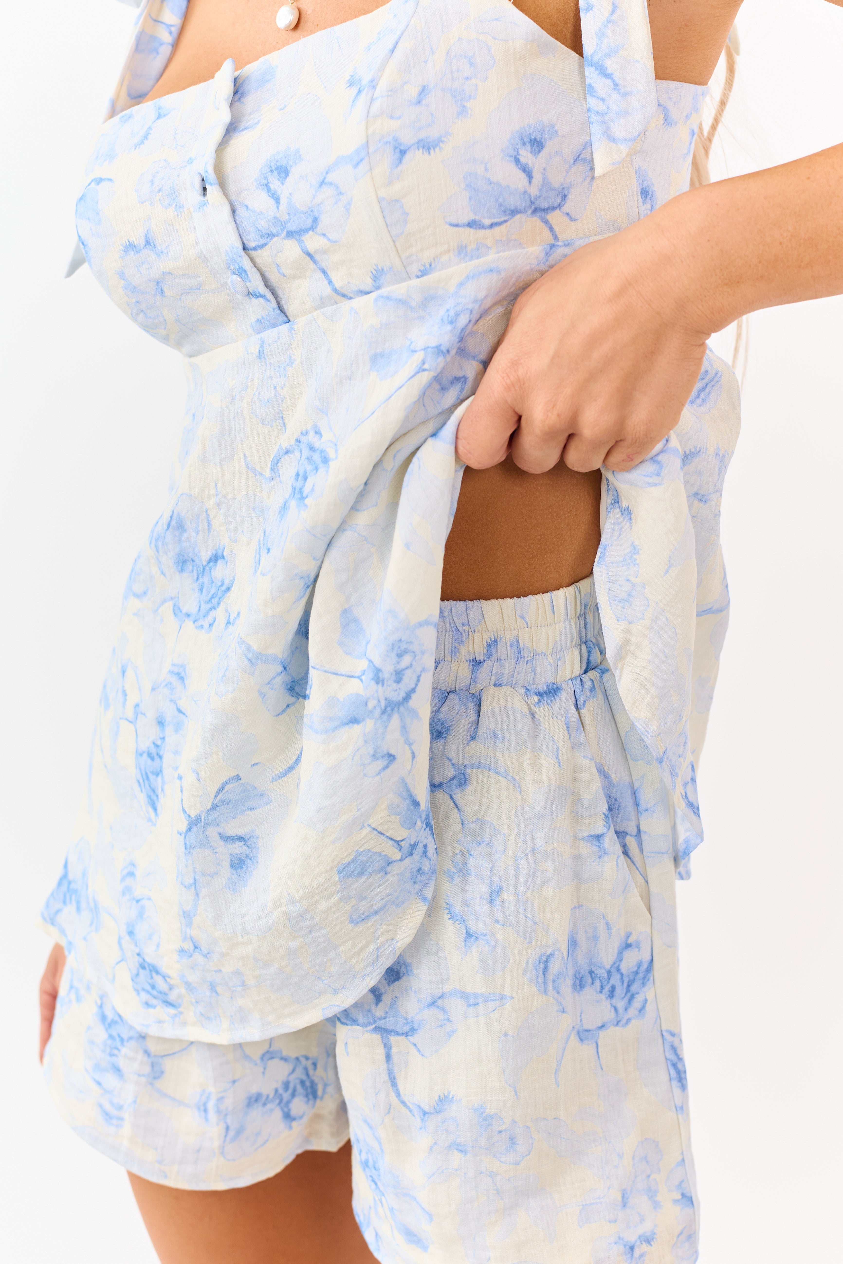 Cream Floral Print Tank Top and Shorts Set
