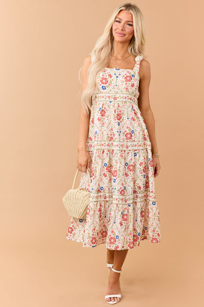 Cream Floral Print Tie Strap Tiered Midi Dress