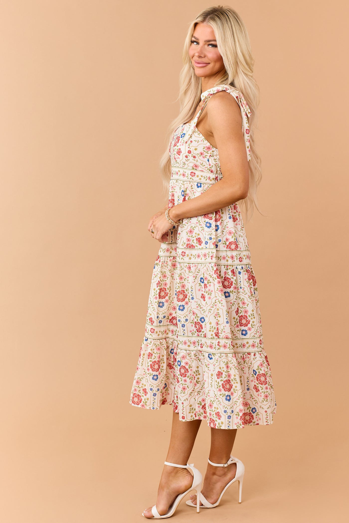 floral midi dress tie strap Light Blue Print Tie Strap Midi Dress Large | Women's Online Boutique | Boho Chic Style