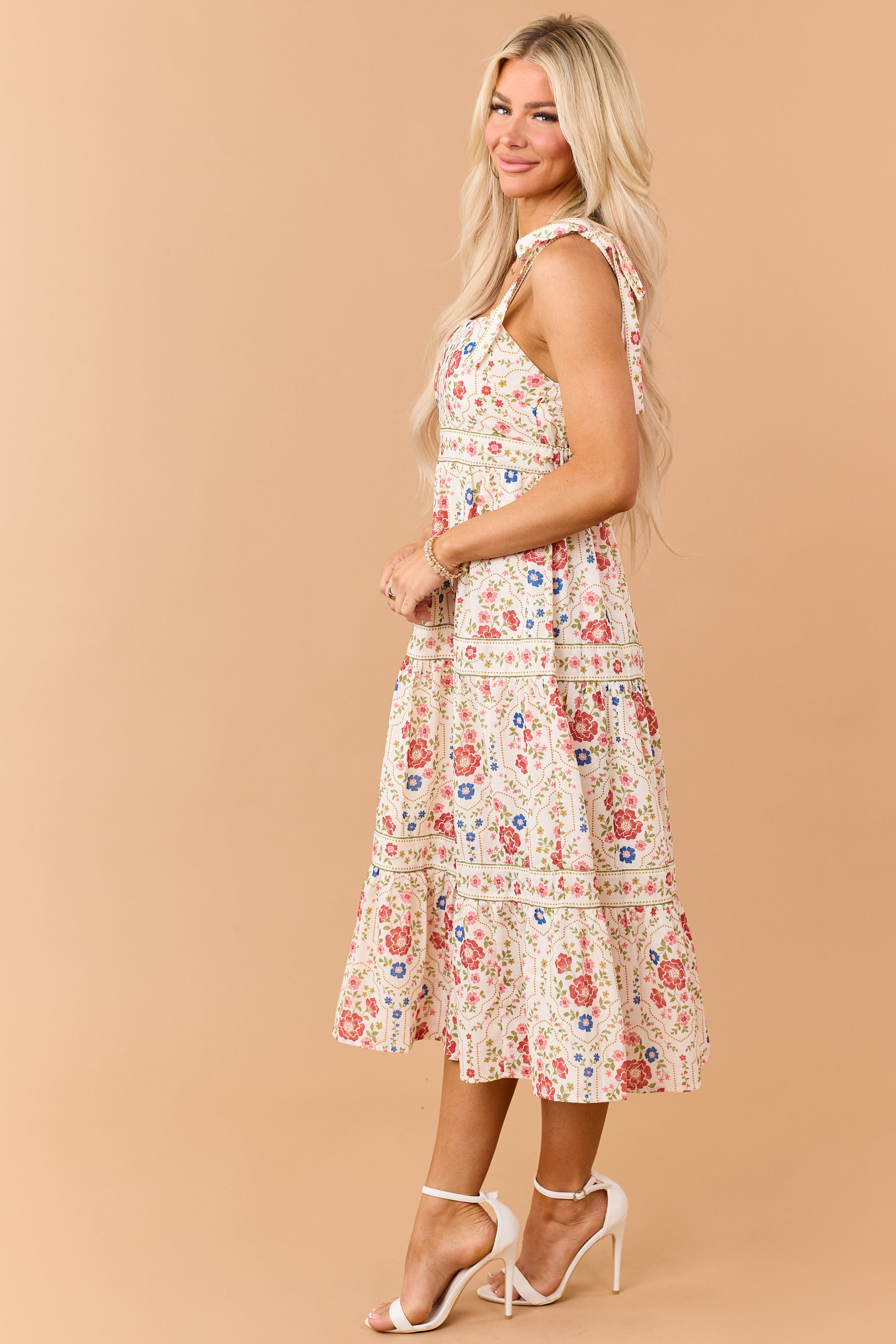 Cream Floral Print Tie Strap Tiered Midi Dress