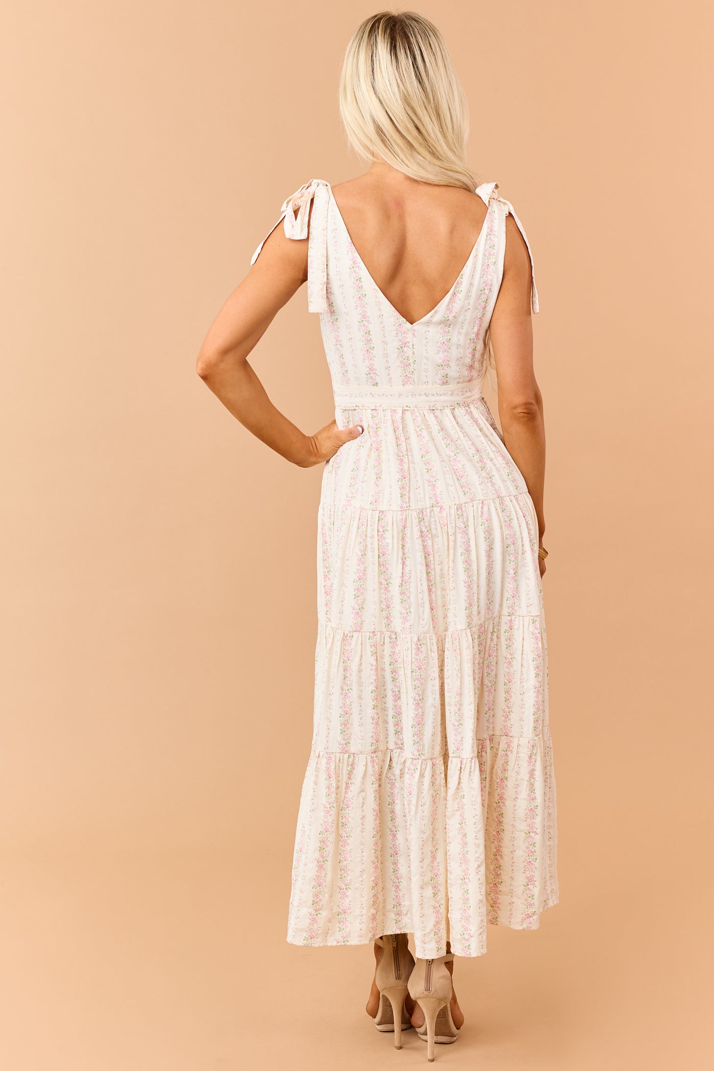 Cream Floral Print Tie Strap Waist Tie Maxi Dress