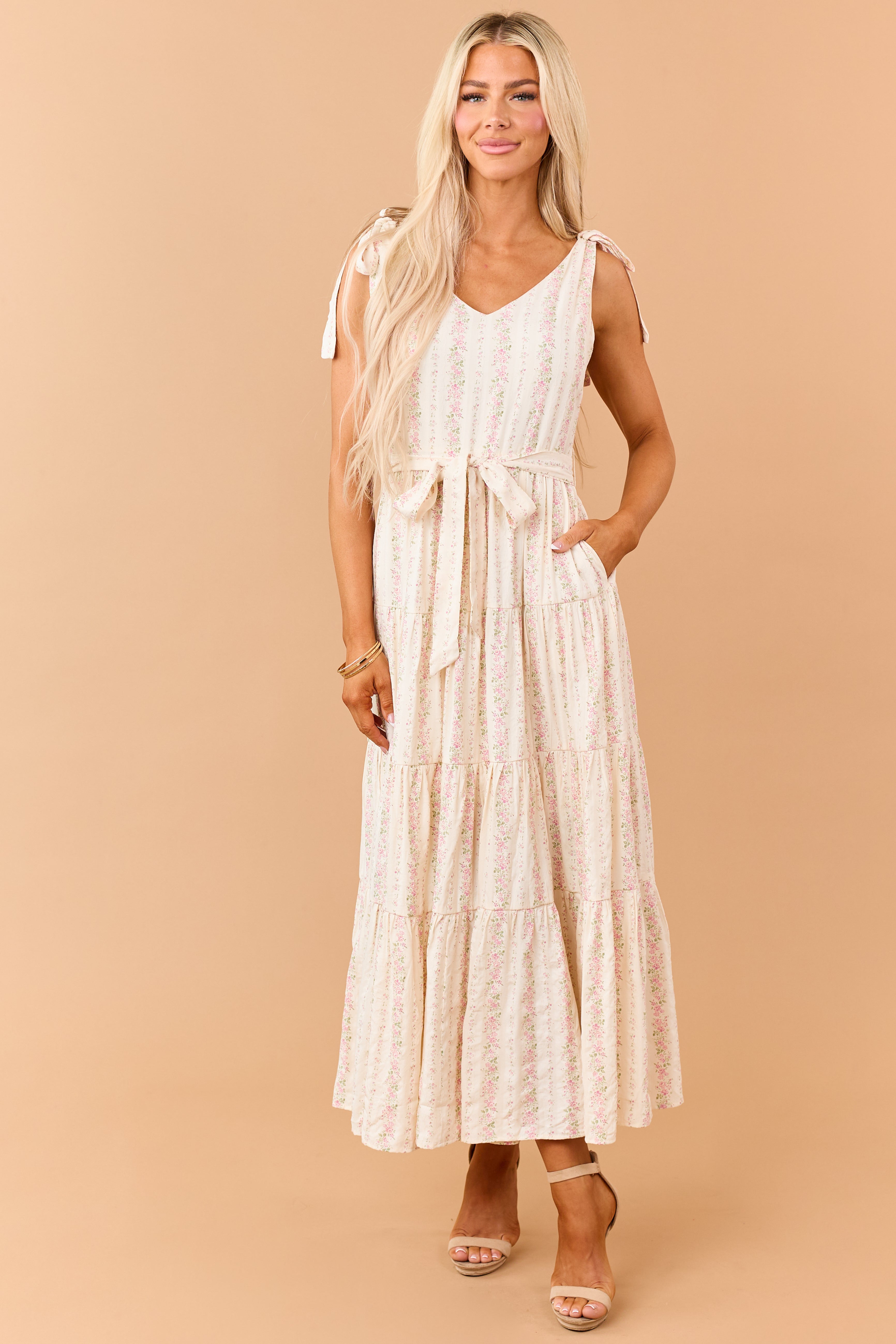 Cream Floral Print Tie Strap Waist Tie Maxi Dress