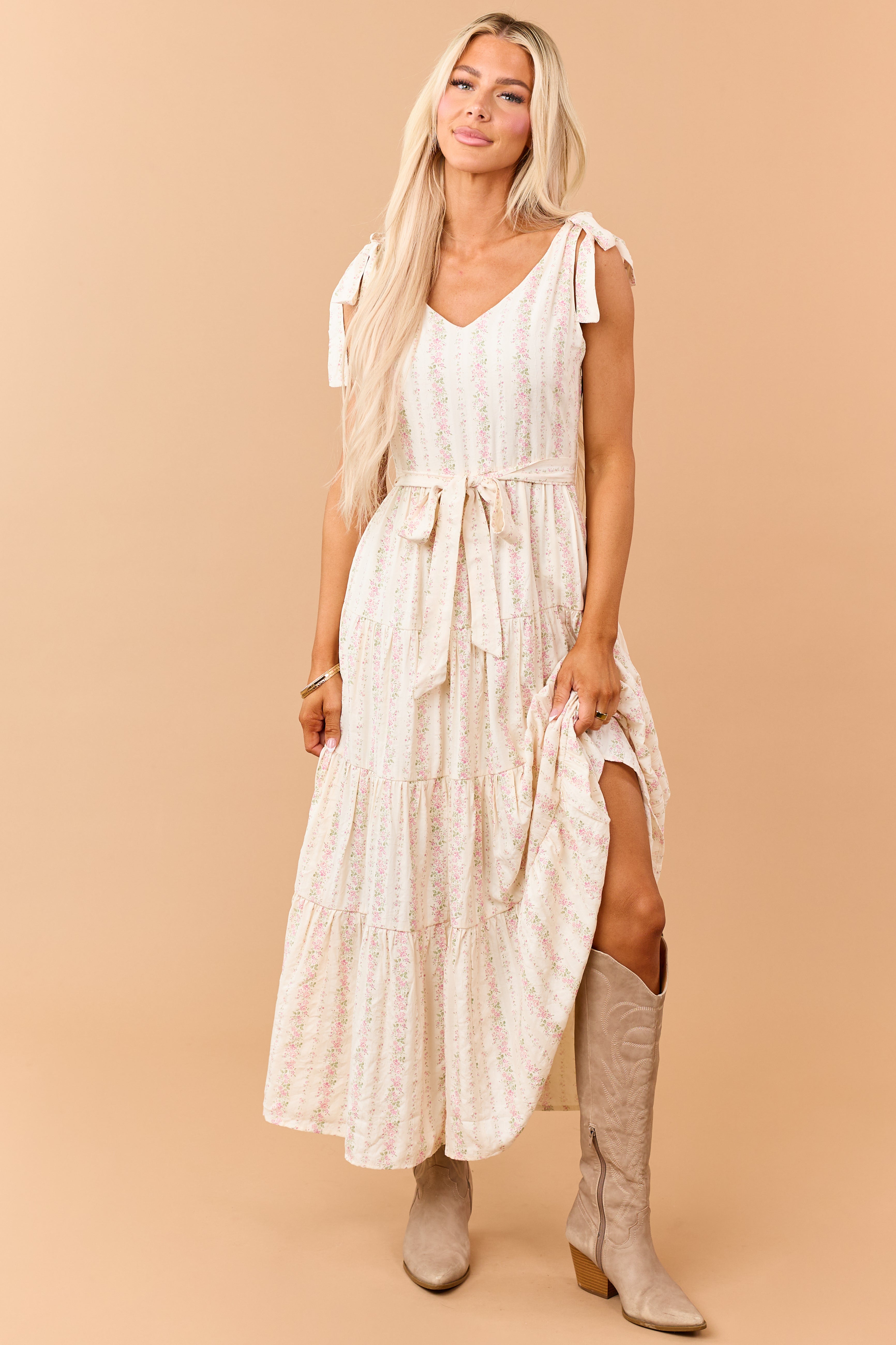Cream Floral Print Tie Strap Waist Tie Maxi Dress