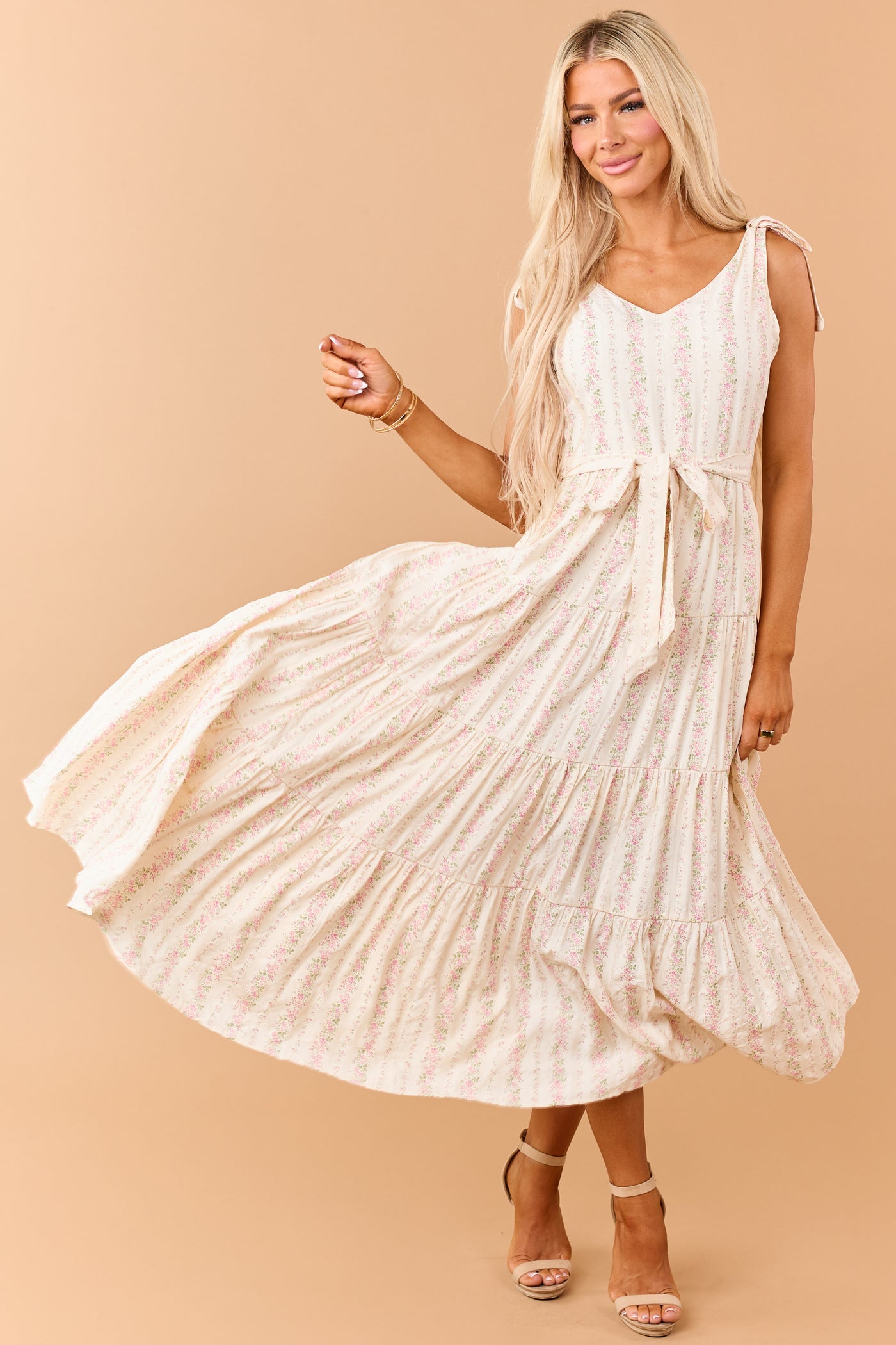 Cream Floral Print Tie Strap Waist Tie Maxi Dress
