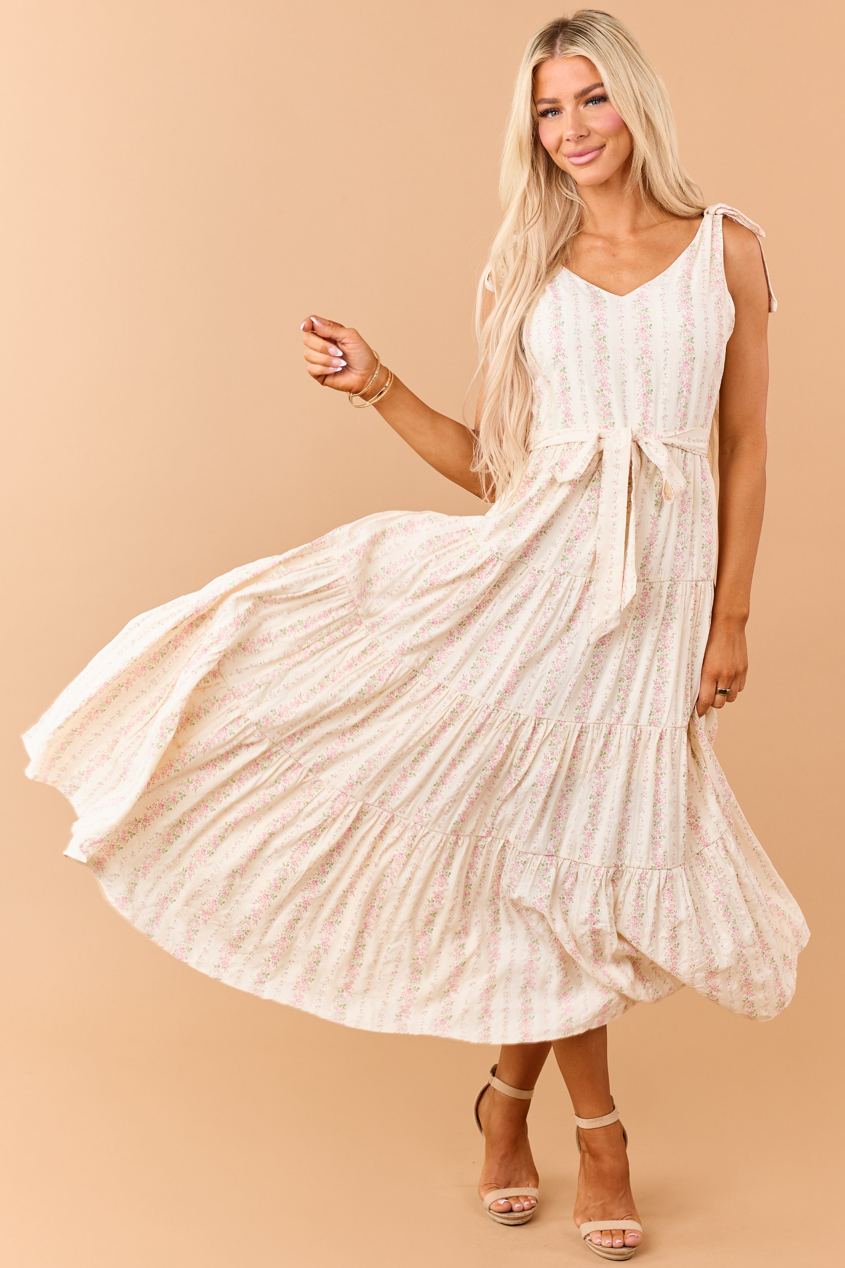 Cream Floral Print Tie Strap Waist Tie Maxi Dress