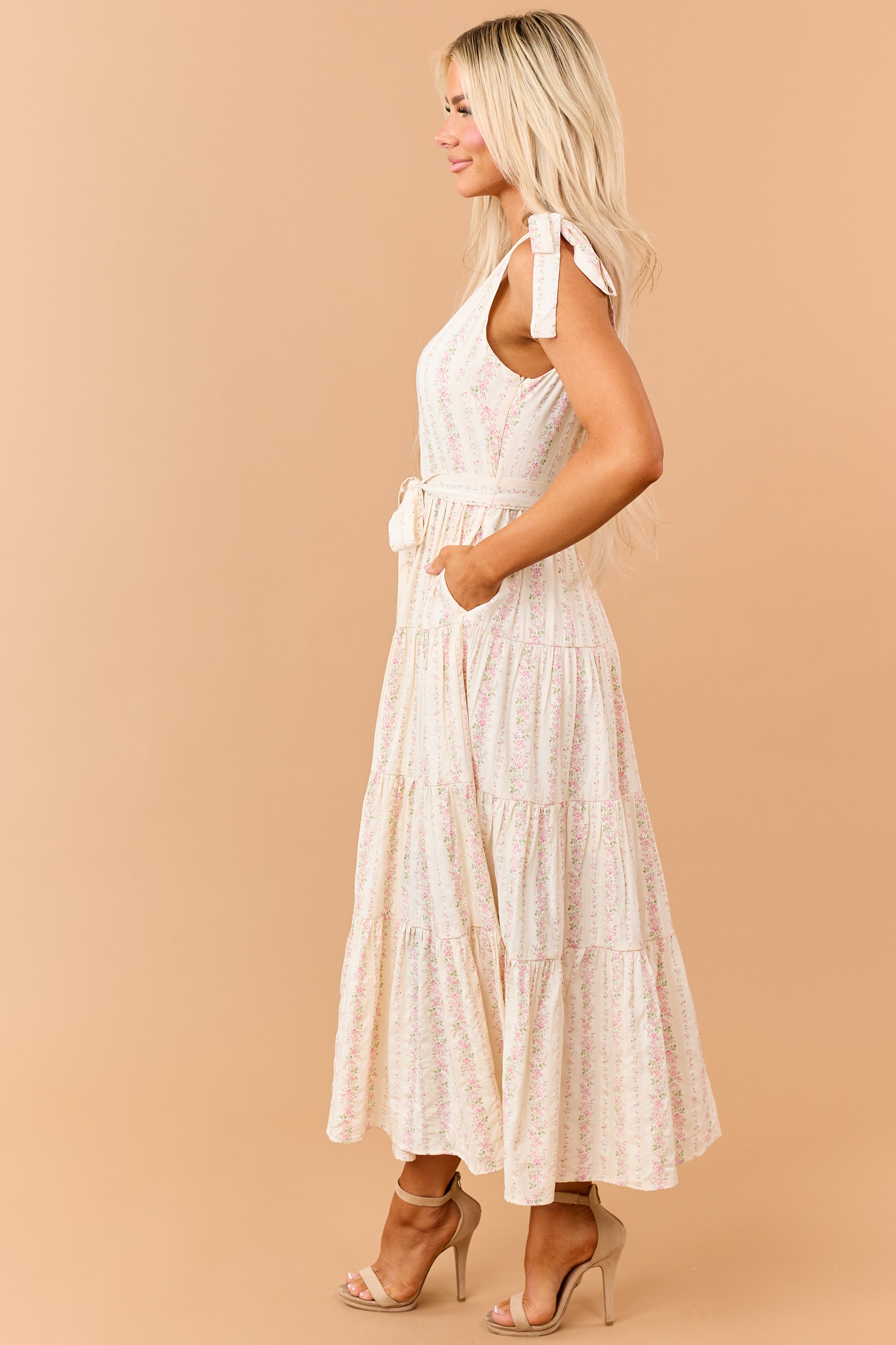 Cream Floral Print Tie Strap Waist Tie Maxi Dress