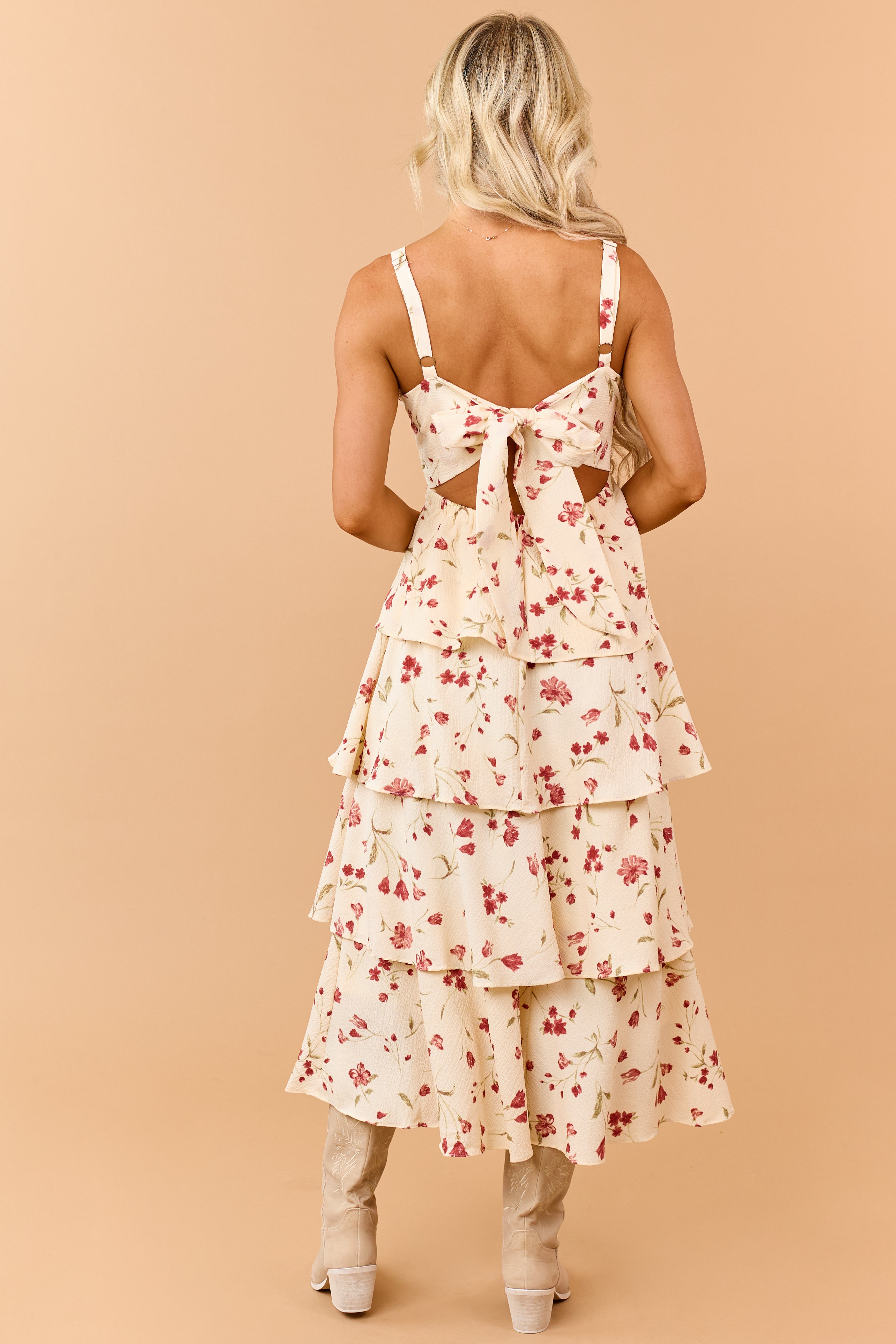Cream Floral Print Tiered Ruffle Midi Dress