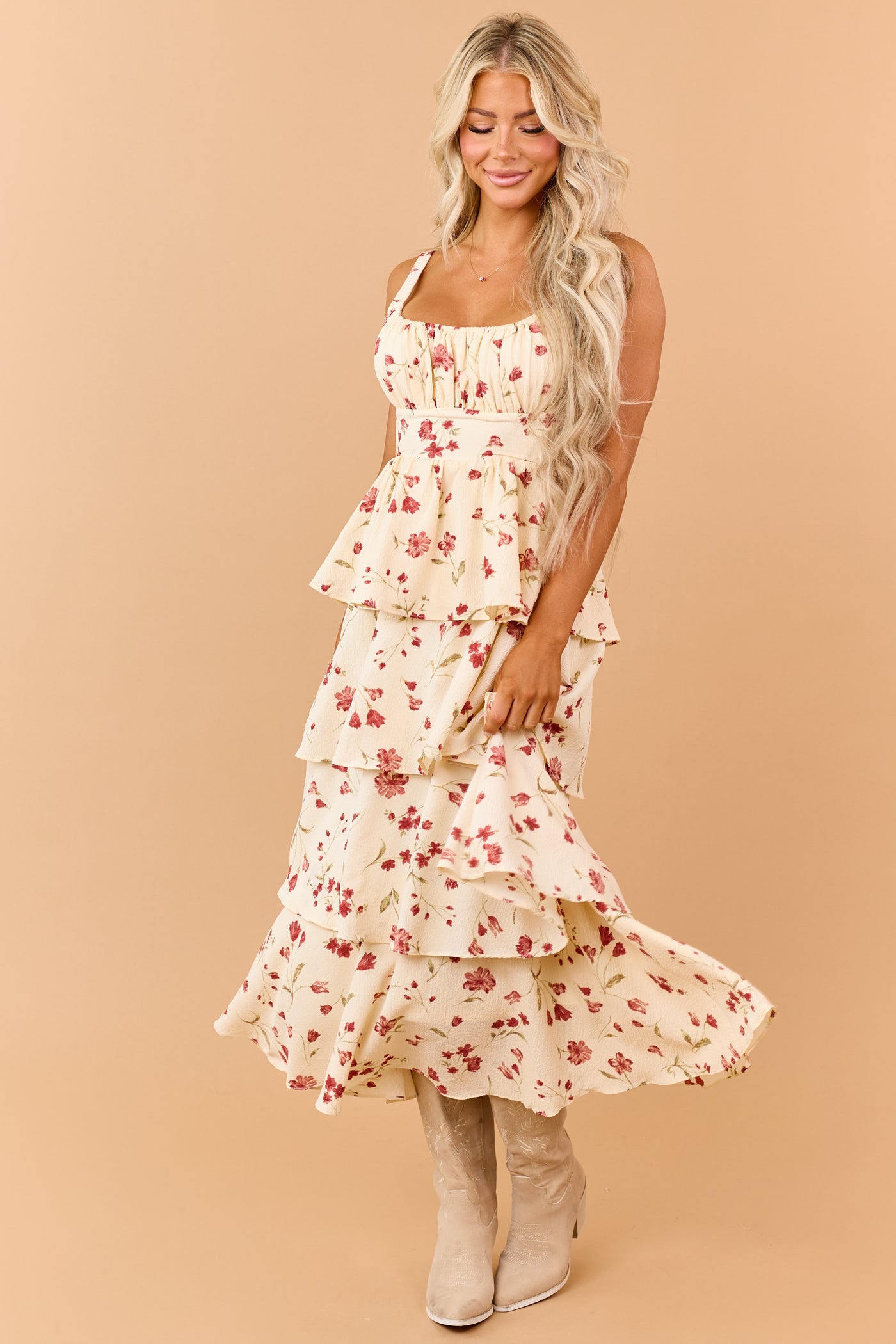 Cream Floral Print Tiered Ruffle Midi Dress
