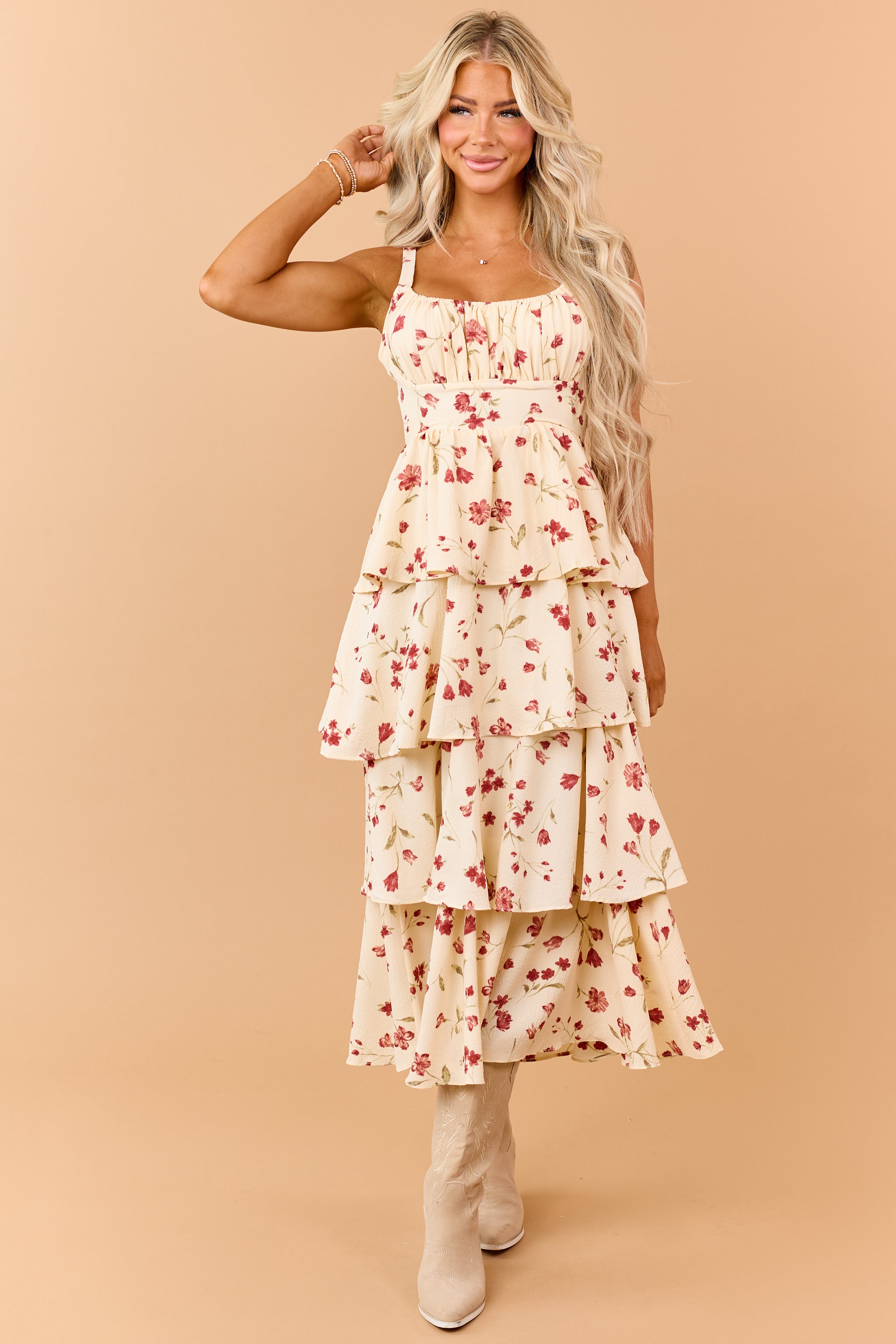 Cream Floral Print Tiered Ruffle Midi Dress