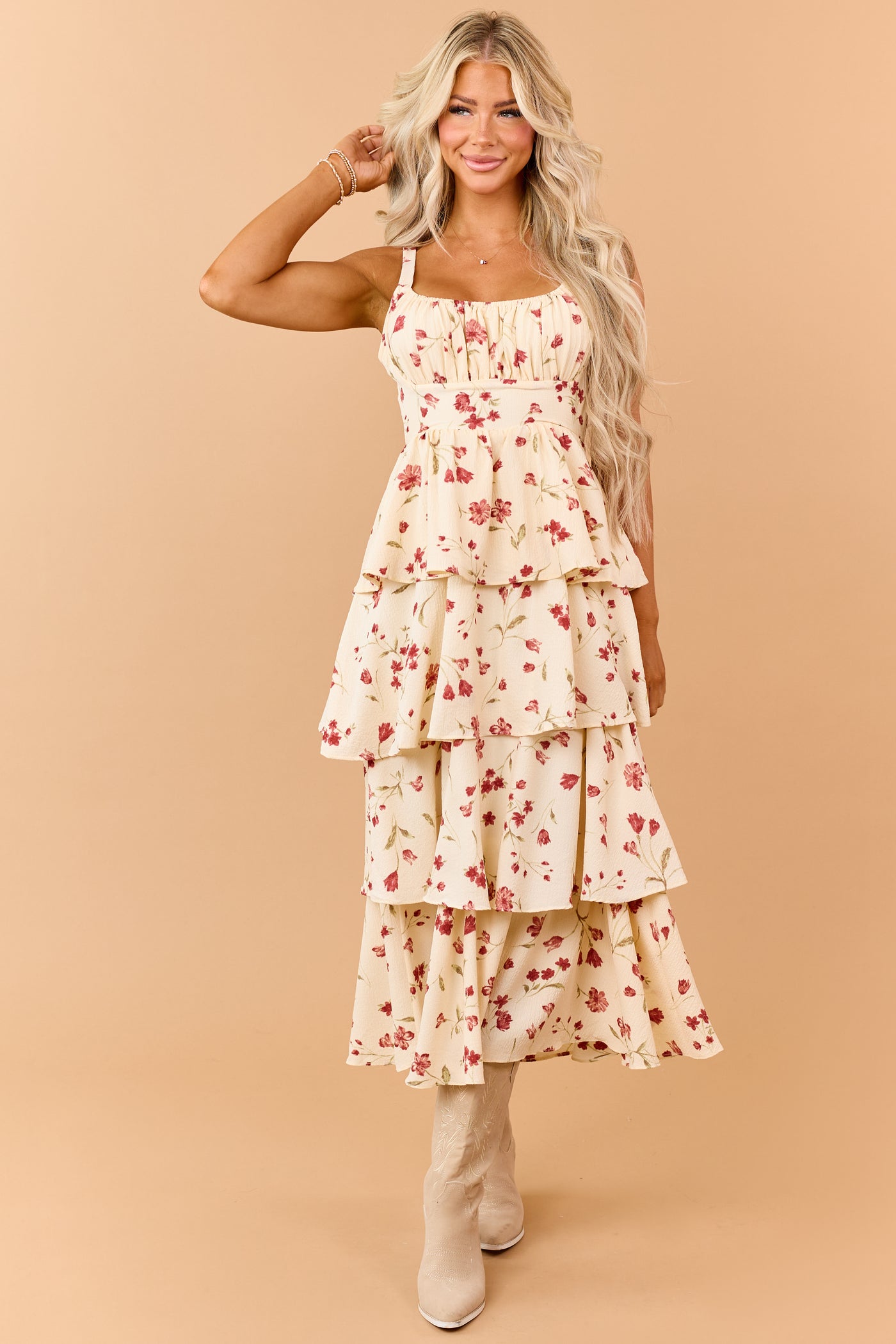 Cream Floral Print Tiered Ruffle Midi Dress