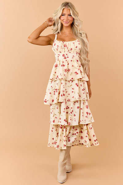 Cream Floral Print Tiered Ruffle Midi Dress