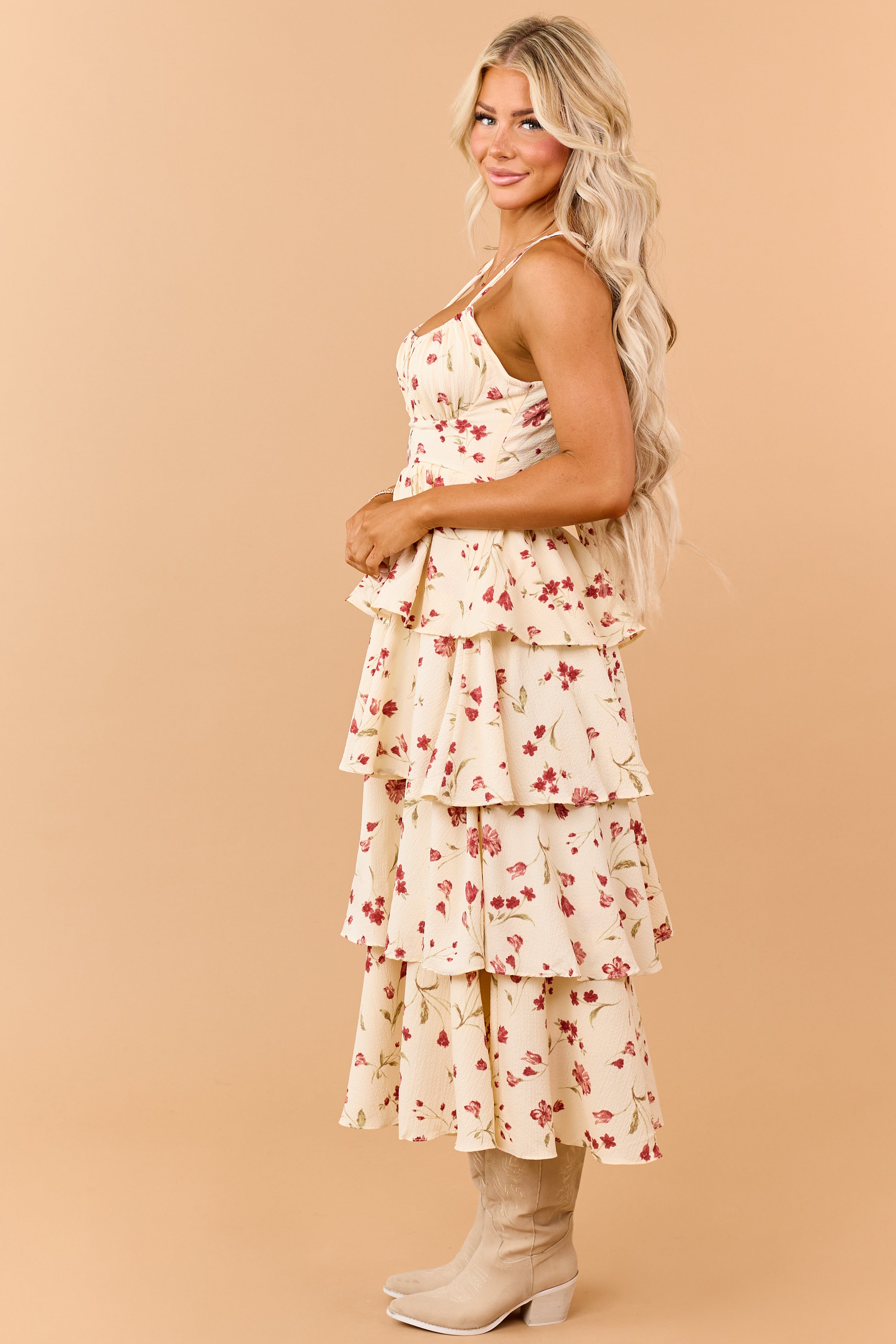 Cream Floral Print Tiered Ruffle Midi Dress
