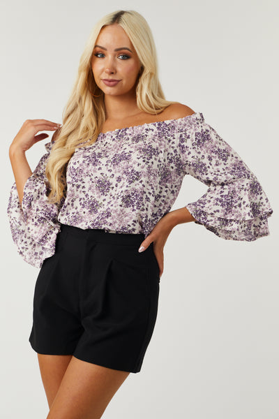 Cream Floral Print Tiered Ruffle Sleeve Top