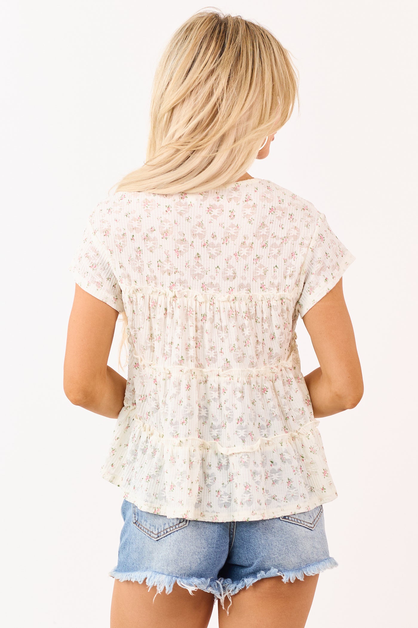 Cream Floral Print Tiered Short Sleeve Top
