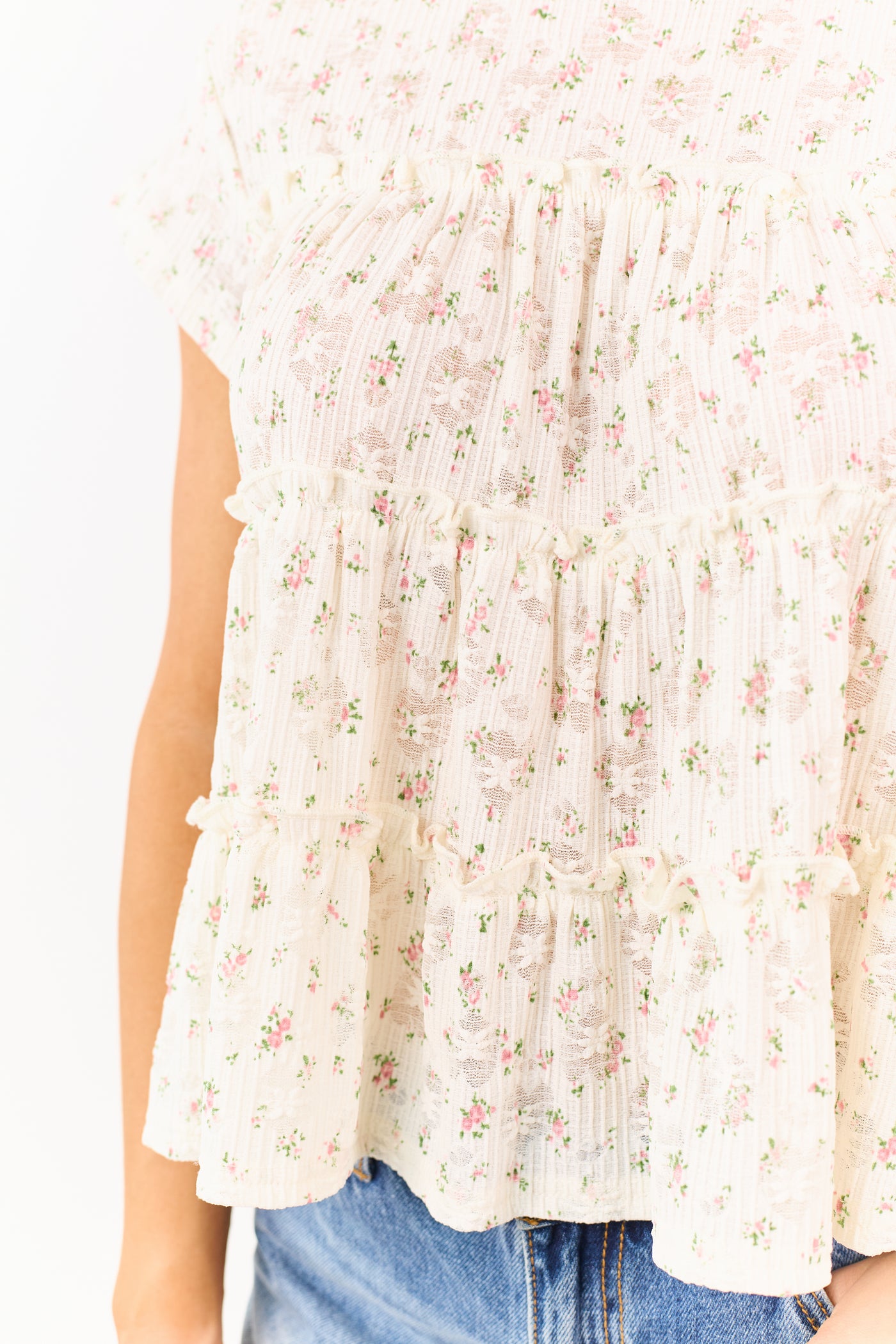 Cream Floral Print Tiered Short Sleeve Top