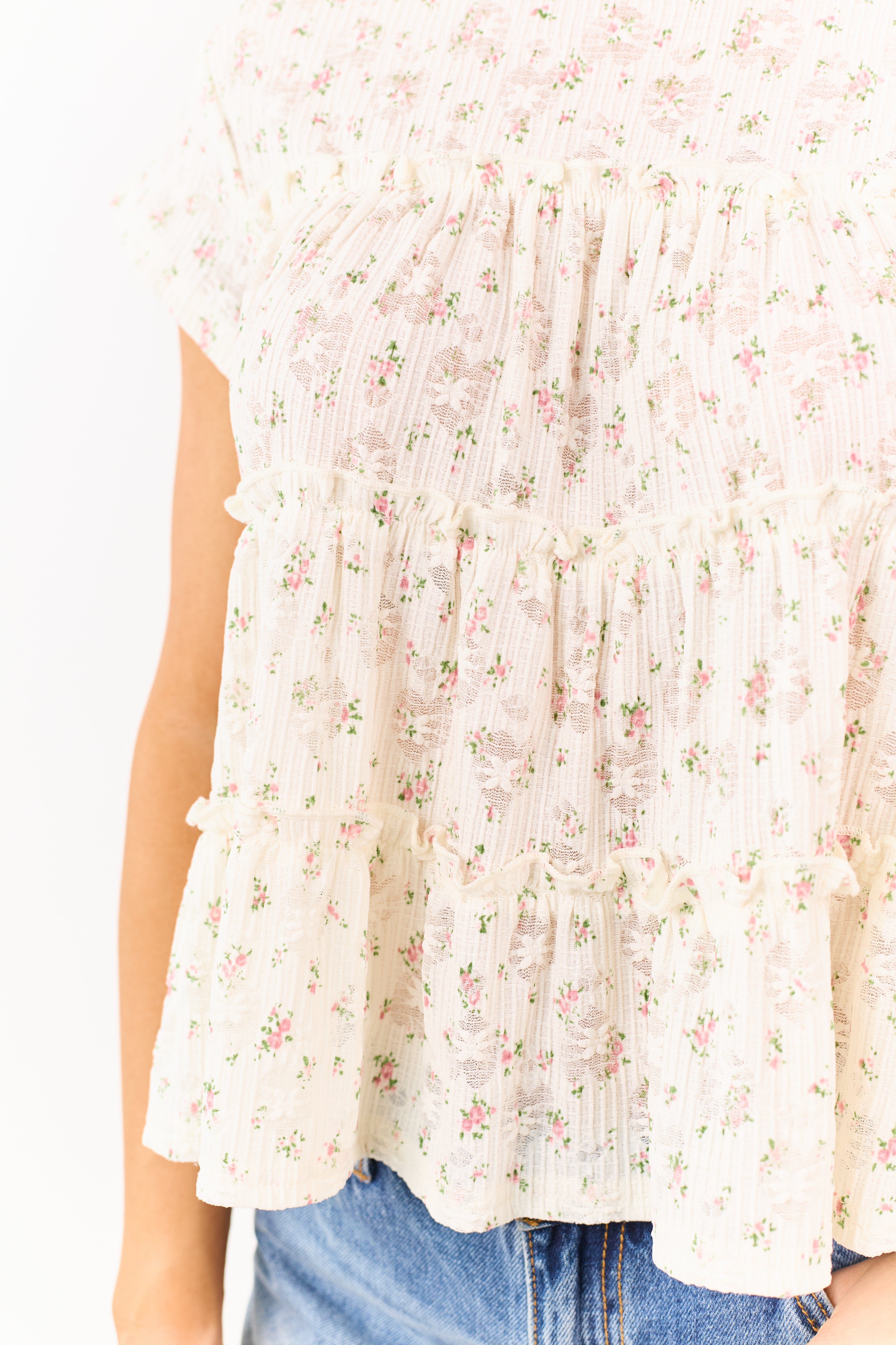 Cream Floral Print Tiered Short Sleeve Top